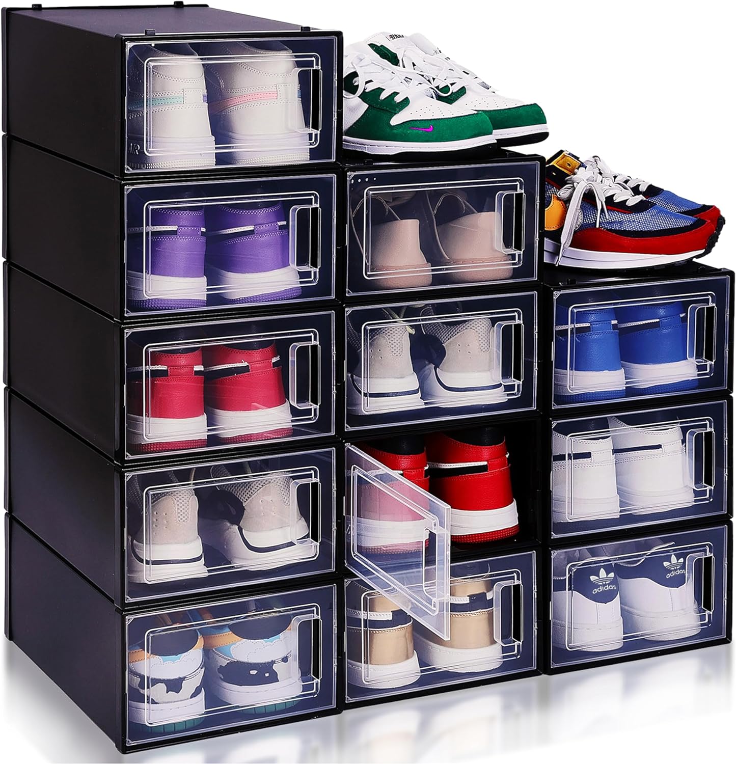 FINESSY Stackable Shoe Storage Boxes, 12 Pack Medium Shoe boxes Clear Plastic Stackable, Shoe Storage Organizer Cabinet, Sneaker Boxes Storage, Shoe Display Case Box, Shoe Containers Bins with Lids