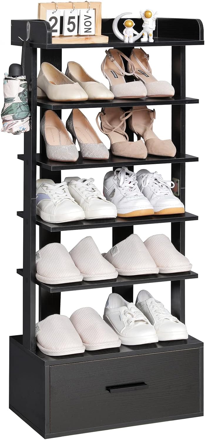 usikey Large 6-Tier Vertical Shoe Rack, Wooden Shoe Racks with Bottom Drawer and Side Hooks, Tall Shoe Rack Organizer Double Shoes Storage Stand, Shoe Tower for Entryway, Hallway, Black