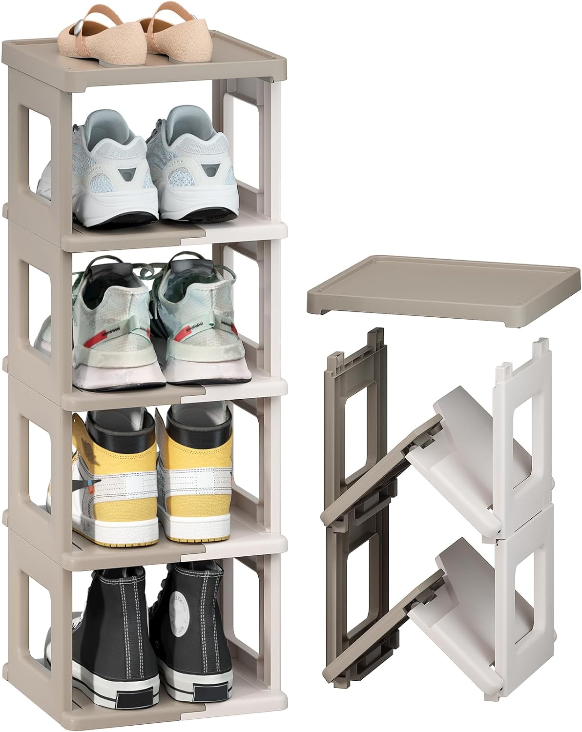 HAIXIN 5 Tiers Shoe Rack - Foldable Shoe Rack for Closet, Plastic Shoe Tower for Sneaker, Space Saving Storage Organizer, Large Shoe Shelf/Holder/Stand for Bedroom, Floor, Entryway (White & Brown)