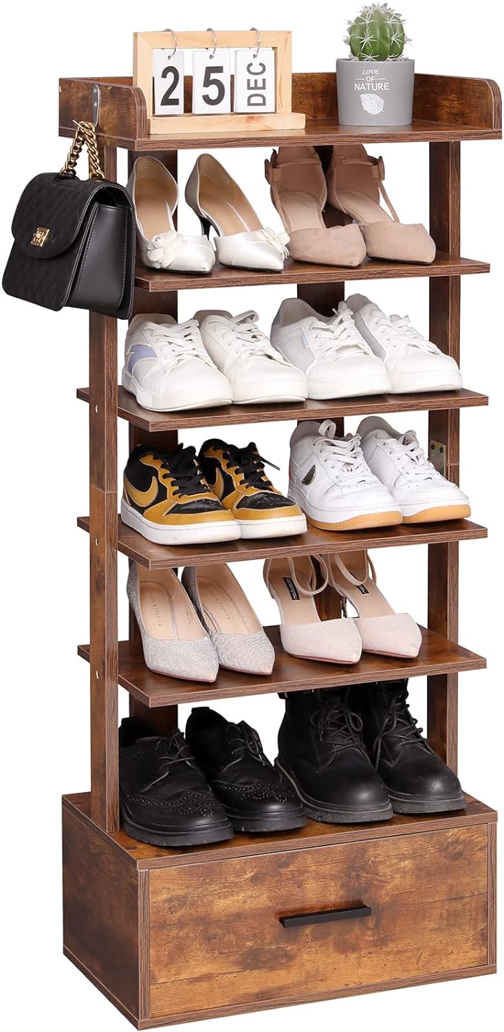 usikey Large 6-Tier Vertical Shoe Rack, Wooden Shoe Racks with Bottom Drawer and Side Hooks, Tall Shoe Rack Organizer Double Shoes Storage Stand, Shoe Tower for Entryway, Hallway, Rustic Brown