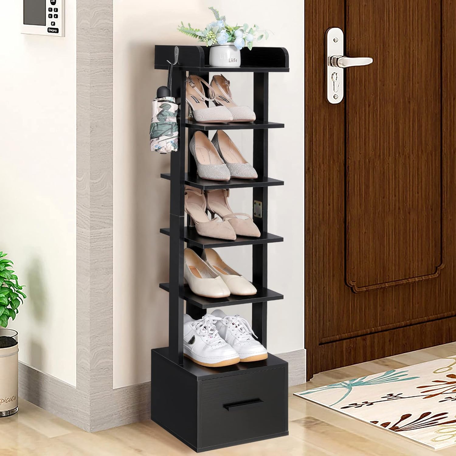 usikey 6 Tiers Vertical Shoe Rack, Entryway Wooden Shoe Rack with Bottom Drawer & Extra Top Storage, Tall Shoe Rack Organizer, Space Saving Shoe Tower, Shoe Storage Stand for Small Space, Black