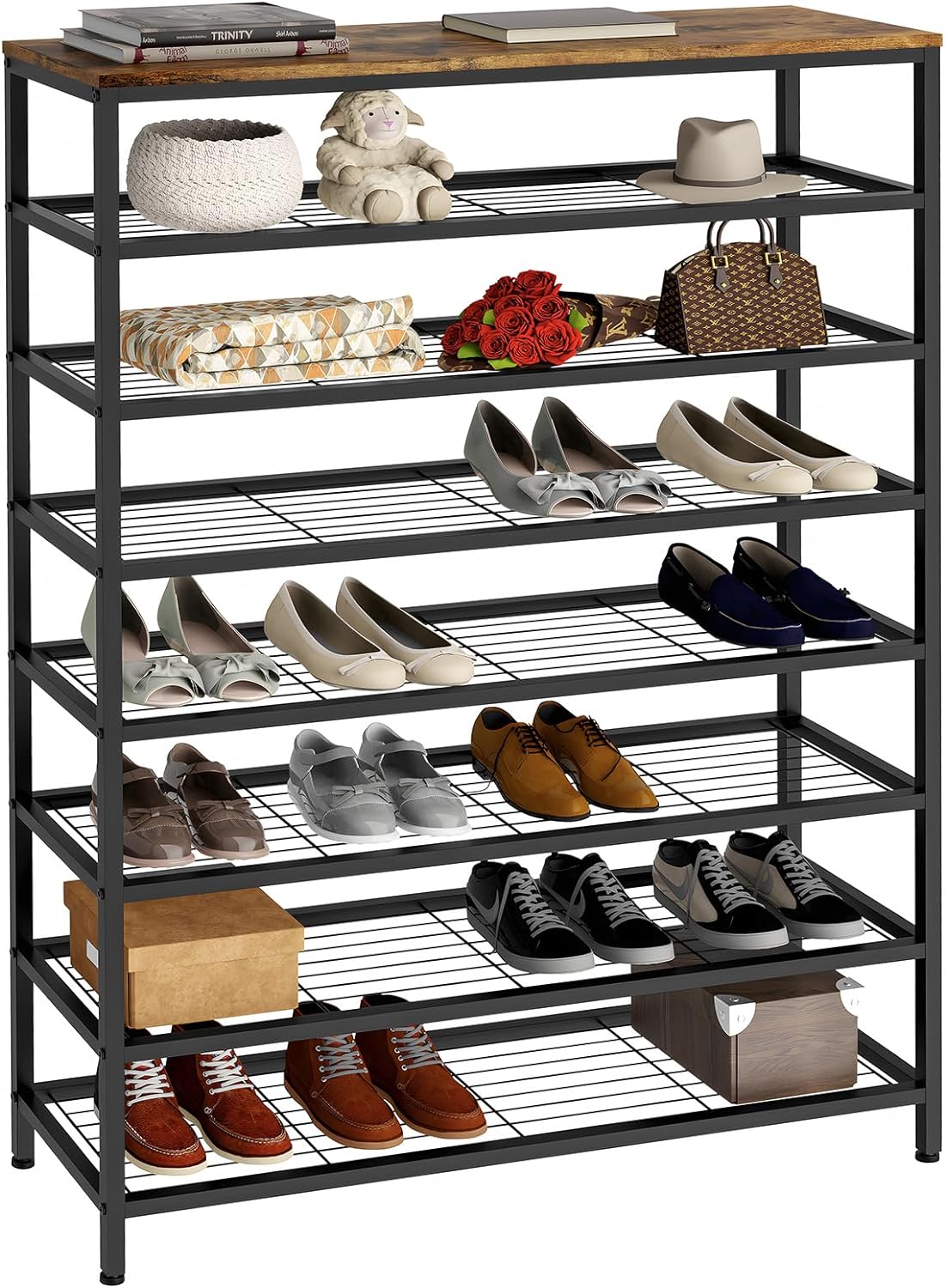 usikey 8-Tier Shoe Rack, Industrial Shoe Storage Organizer for 31-40 Pairs of Shoes, Metal Shoe Shelf with Wooden Top, Shoe Tower with 7 Metal Shelves for Entryway, Hallway, Closet, Rustic Brown