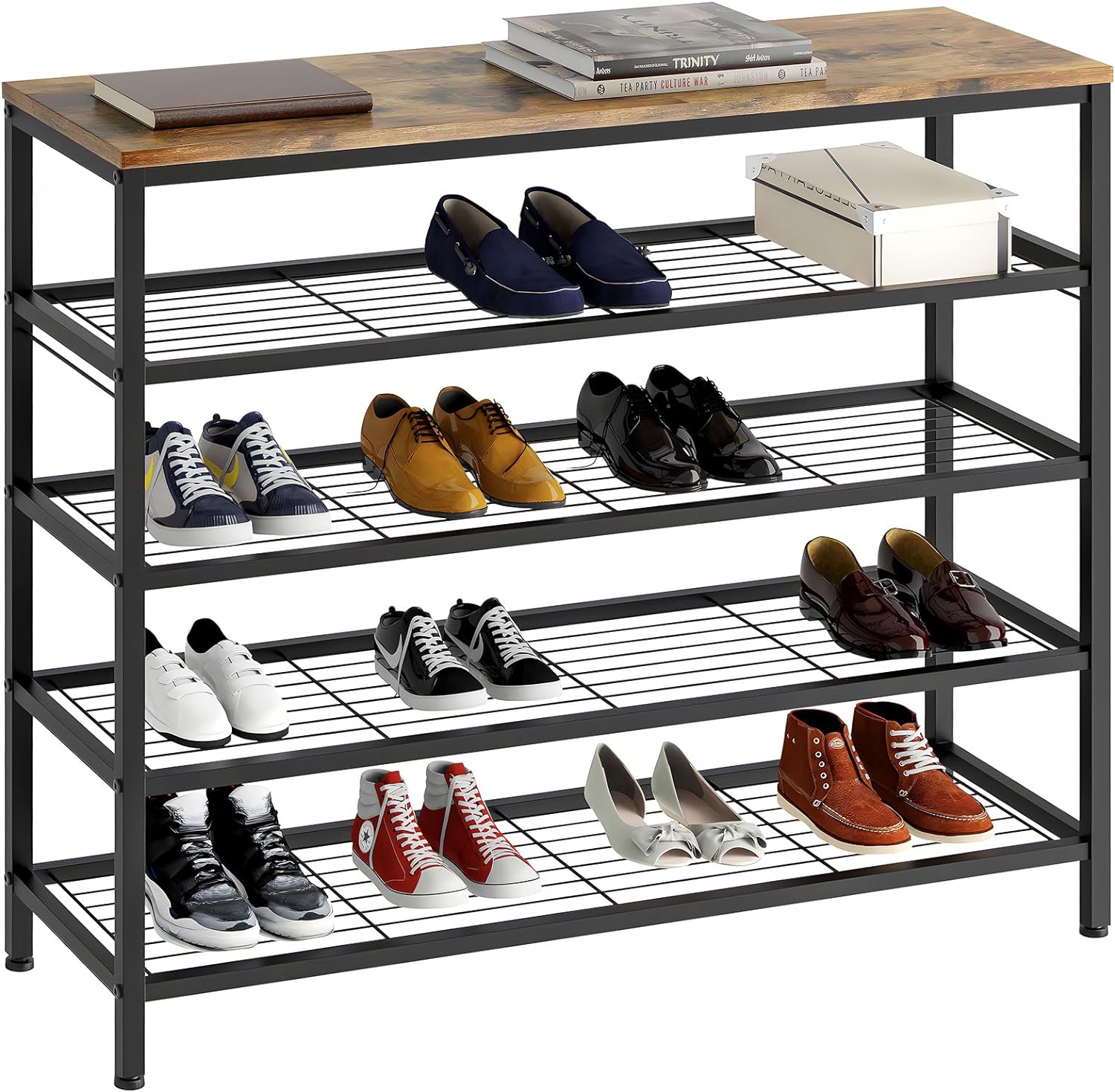 usikey 5-Tier Shoe Rack, Industrial Shoe Storage Organizer for 20-25 Pairs of Shoes, Metal Shoe Shelf with Wooden Top, Shoe Tower with 4 Metal Shelves for Entryway, Hallway, Closet, Rustic Brown