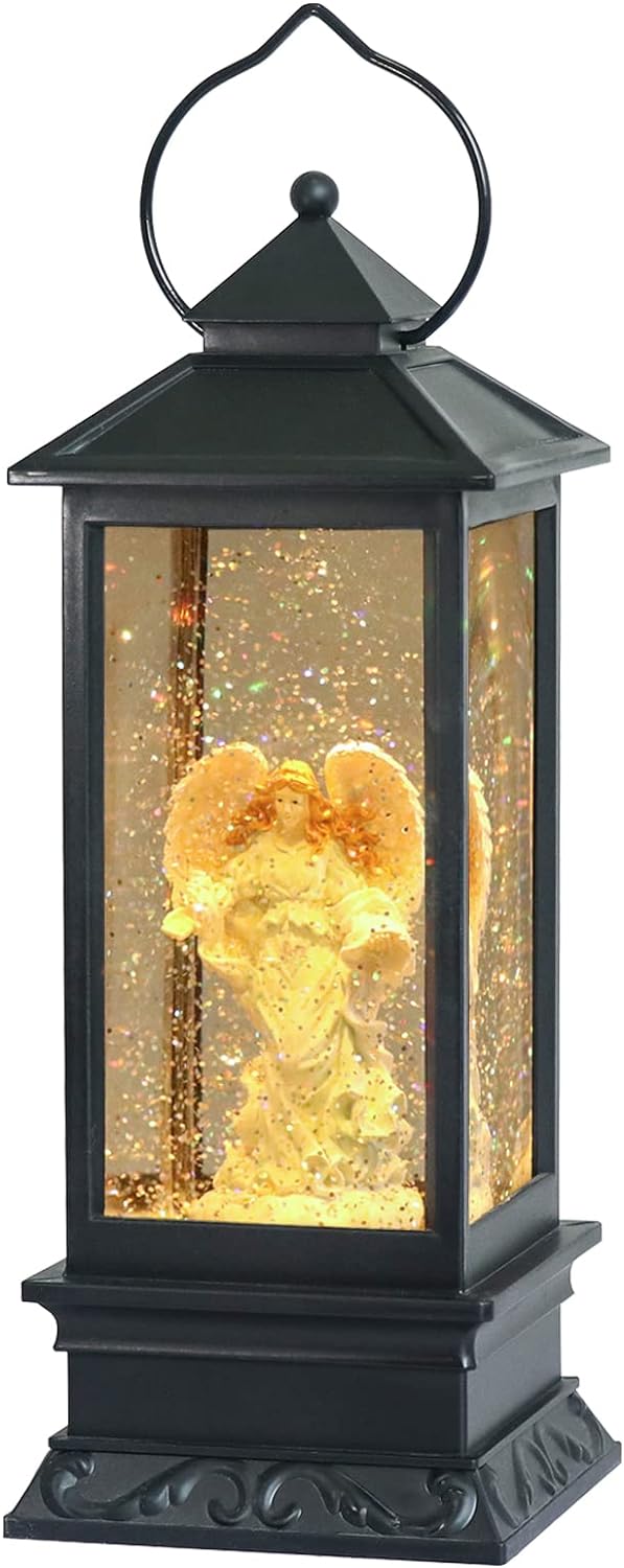 Eldnacele Musical Singing and Lighted Plug-in & Battery Operated Lighted Christmas Water Glittering Snowing Globe Christians Church Lantern for Home Decoration Angel