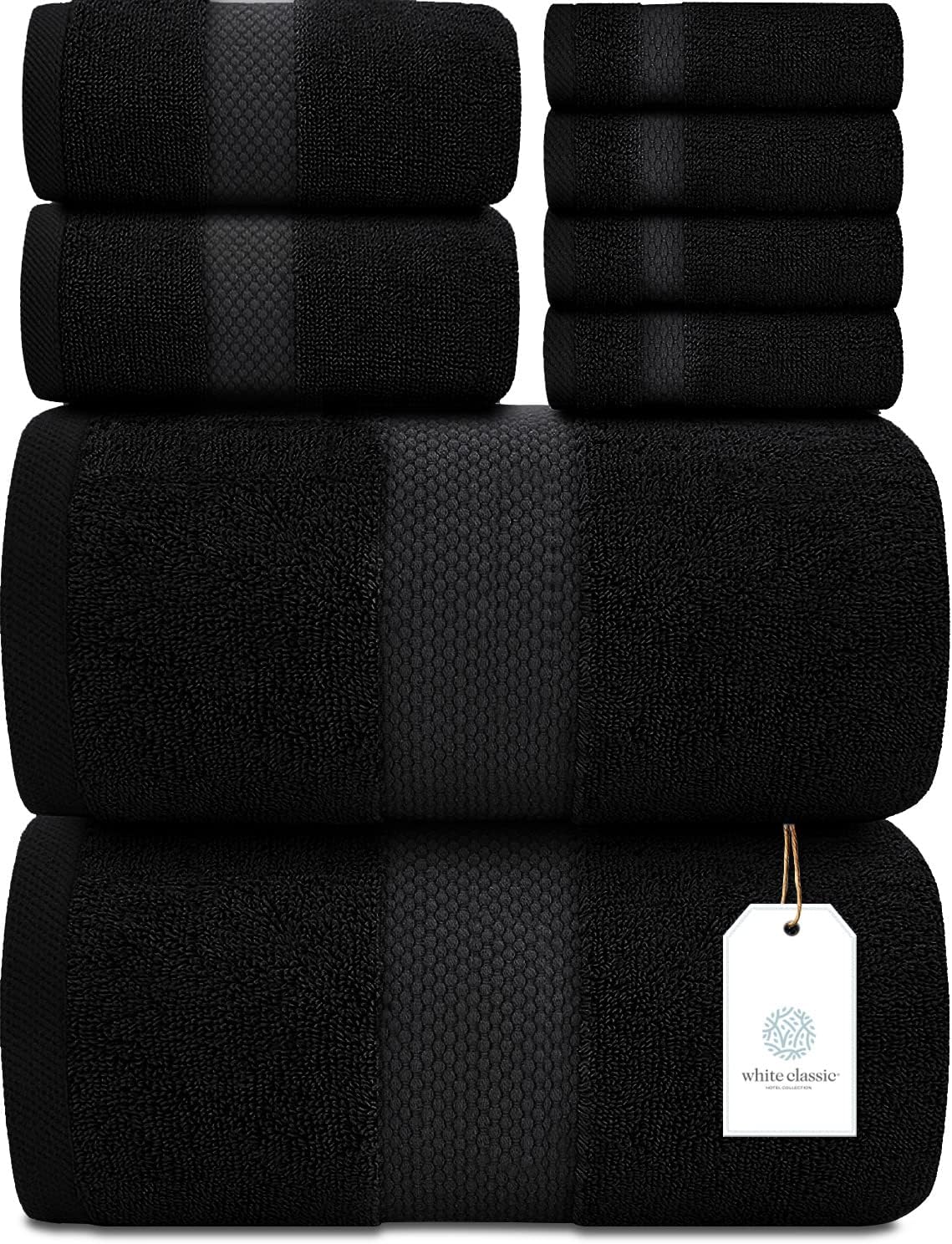 White Classic Luxury Black Bath Towel Set - Combed Cotton Hotel Quality Absorbent 8 Piece Towels | 2 Bath Towels | 2 Hand Towels | 4 Washcloths [Worth $72.95] 8 Pack | Black