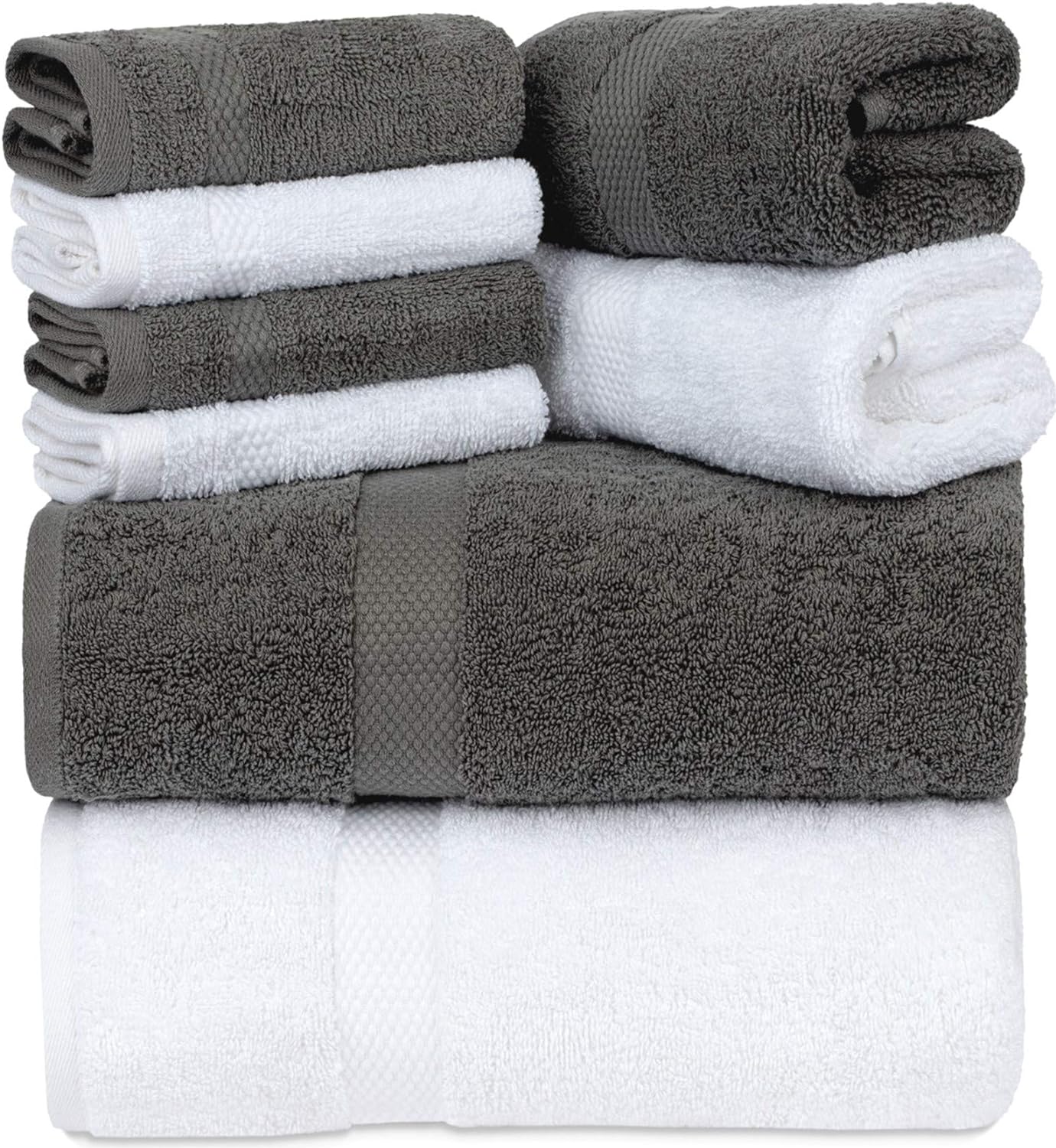 White Classic Luxury Grey White Bath Towel Set - Combed Cotton Hotel Quality Absorbent 8 Piece Towels | 2 Bath Towels | 2 Hand Towels | 4 Washcloths [Worth $72.95] 8 Pack | Grey White