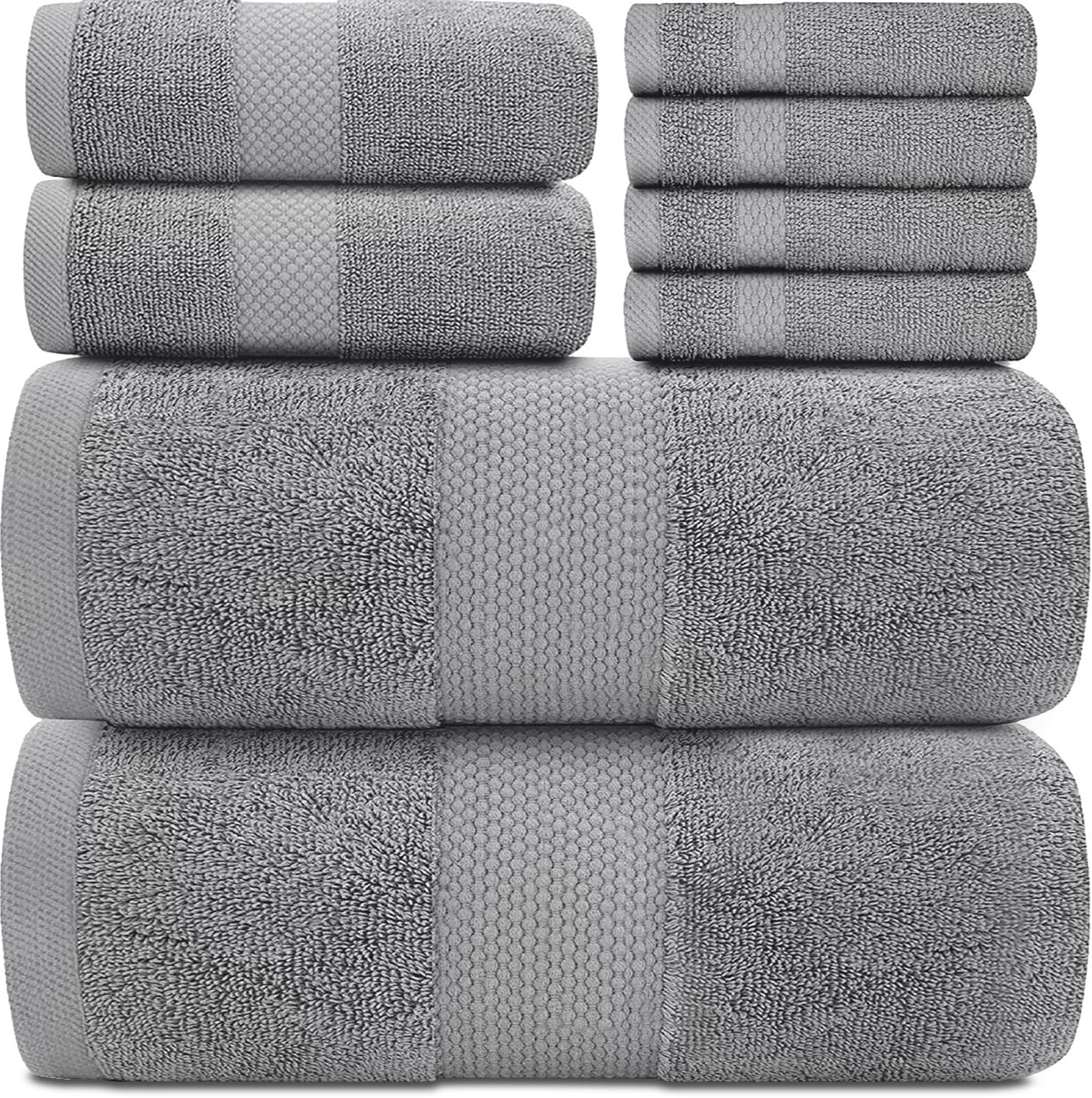 White Classic Luxury Light Grey Bath Towel Set - Combed Cotton Hotel Quality Absorbent 8 Piece Towels | 2 Bath Towels | 2 Hand Towels | 4 Washcloths [Worth $72.95] Light Grey | 8 Pack