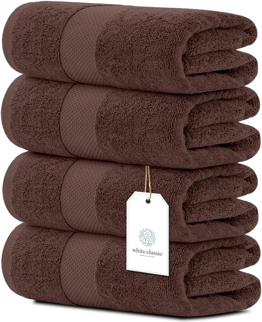 White Classic Luxury Bath Towels Large - Cotton Hotel spa Bathroom Towel | 27x54 | 4 Pack | Brown