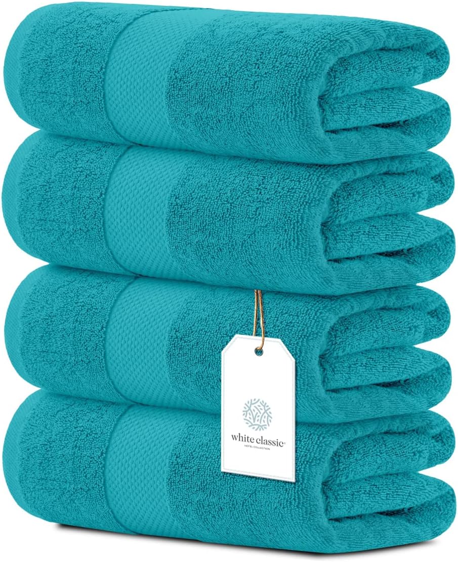 White Classic Luxury Bath Towels Set of 4 Large - 700 GSM Cotton Ultra Soft Bath Towels 27x54 | Highly Absorbent and Quick Dry | Hotel Towels for Bathroom Luxury, Plush Shower Towels, Aqua