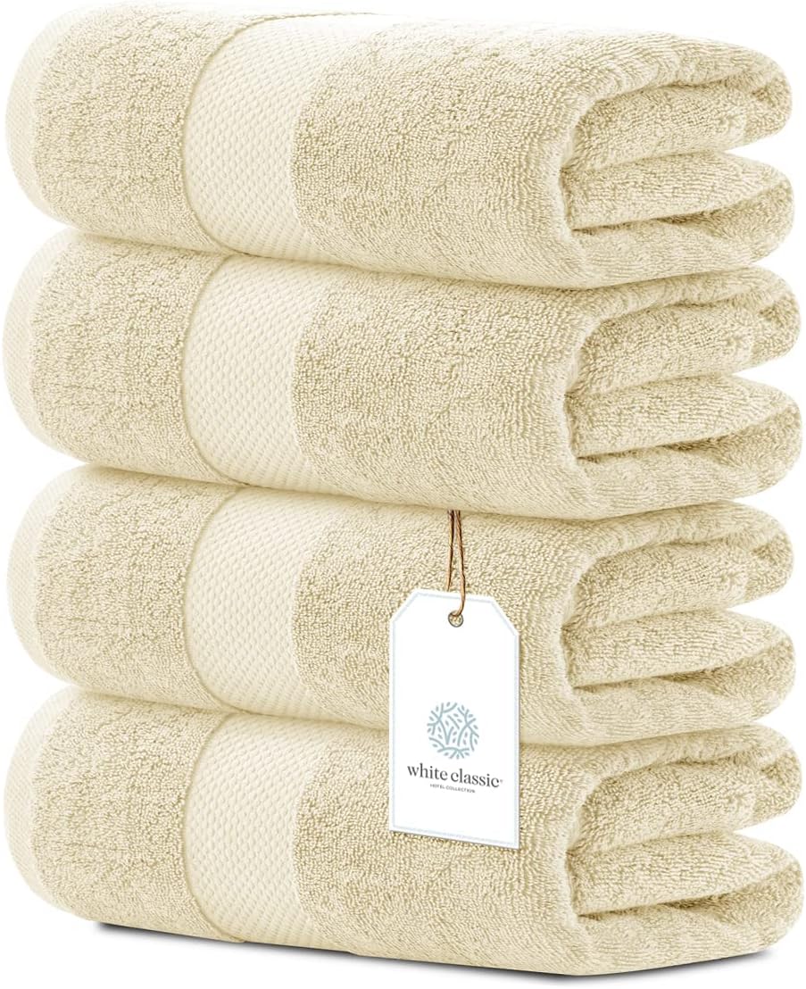 Luxury White Bath Towels Large - 100% Soft Cotton 700 GSM | Absorbent Hotel Bathroom Towel | 27 inch X 54 inch | Set of 4 | Beige