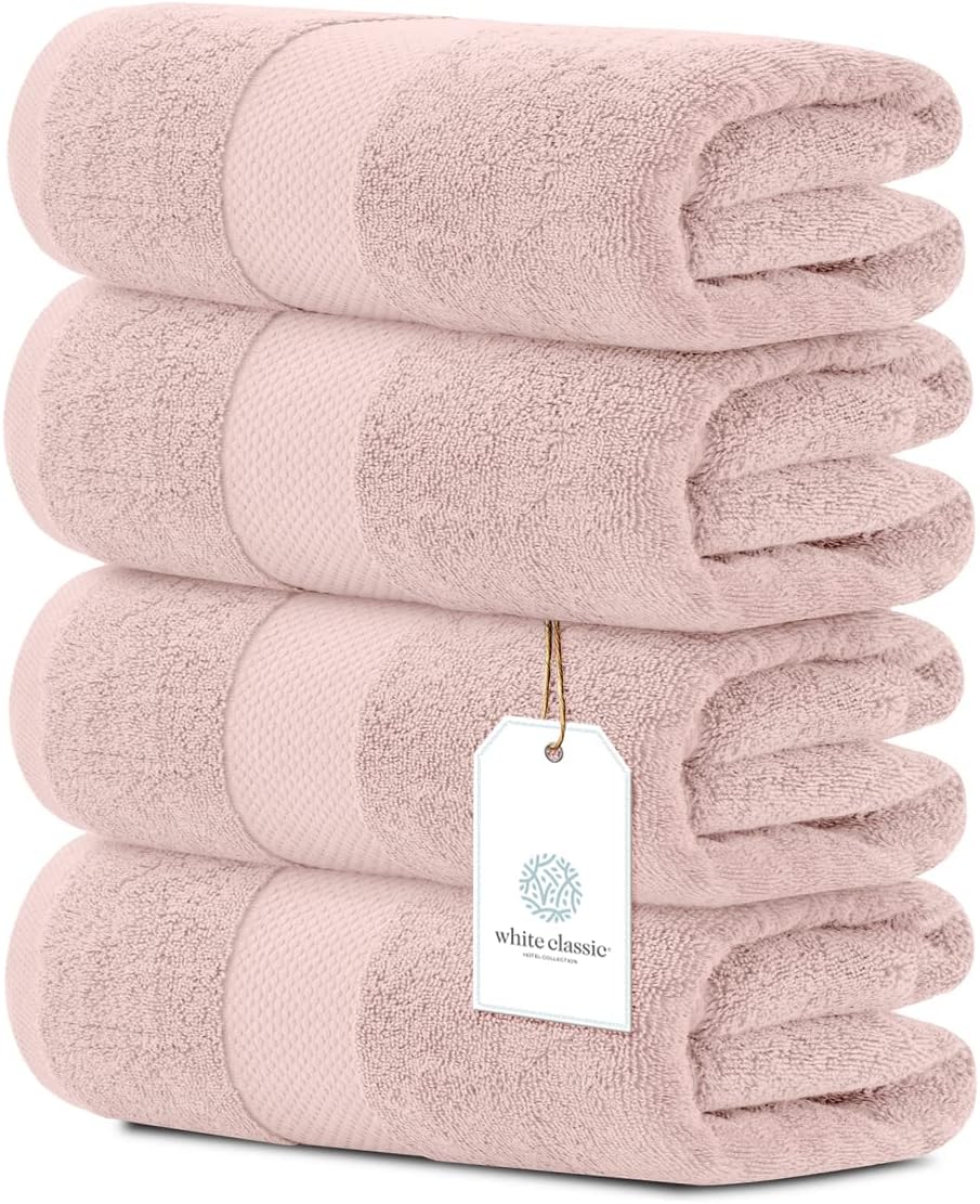 Luxury White Bath Towels Large - 100% Soft Cotton 700 GSM | Absorbent Hotel Bathroom Towel | 27 inch X 54 inch | Set of 4 | Pink