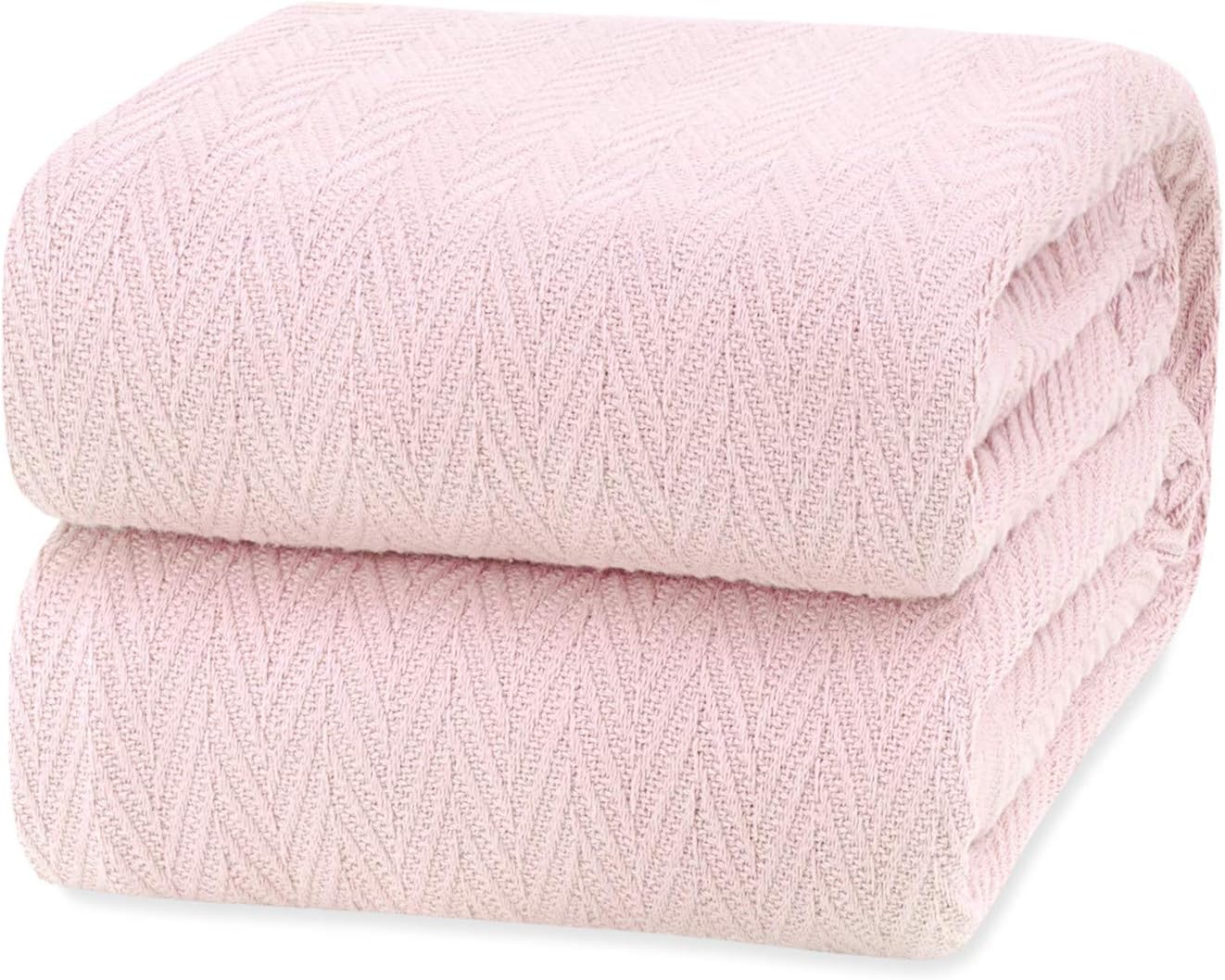 White Classic Queen Size Blanket for Bed, 100% Cotton Blankets Soft and Breathable, 410Gsm Waffle Lightweight Summer Blanket 90x90 Inches Pink