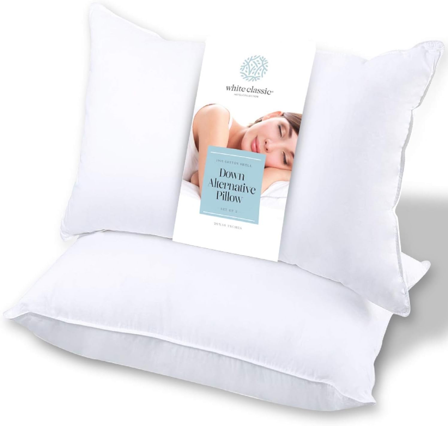 White Classic Bed Pillows for Sleeping 2 Pack, Queen Size Pillow Side Sleeper Set, Down Alternative Luxury Hotel Soft Pillow 28x20 Inches