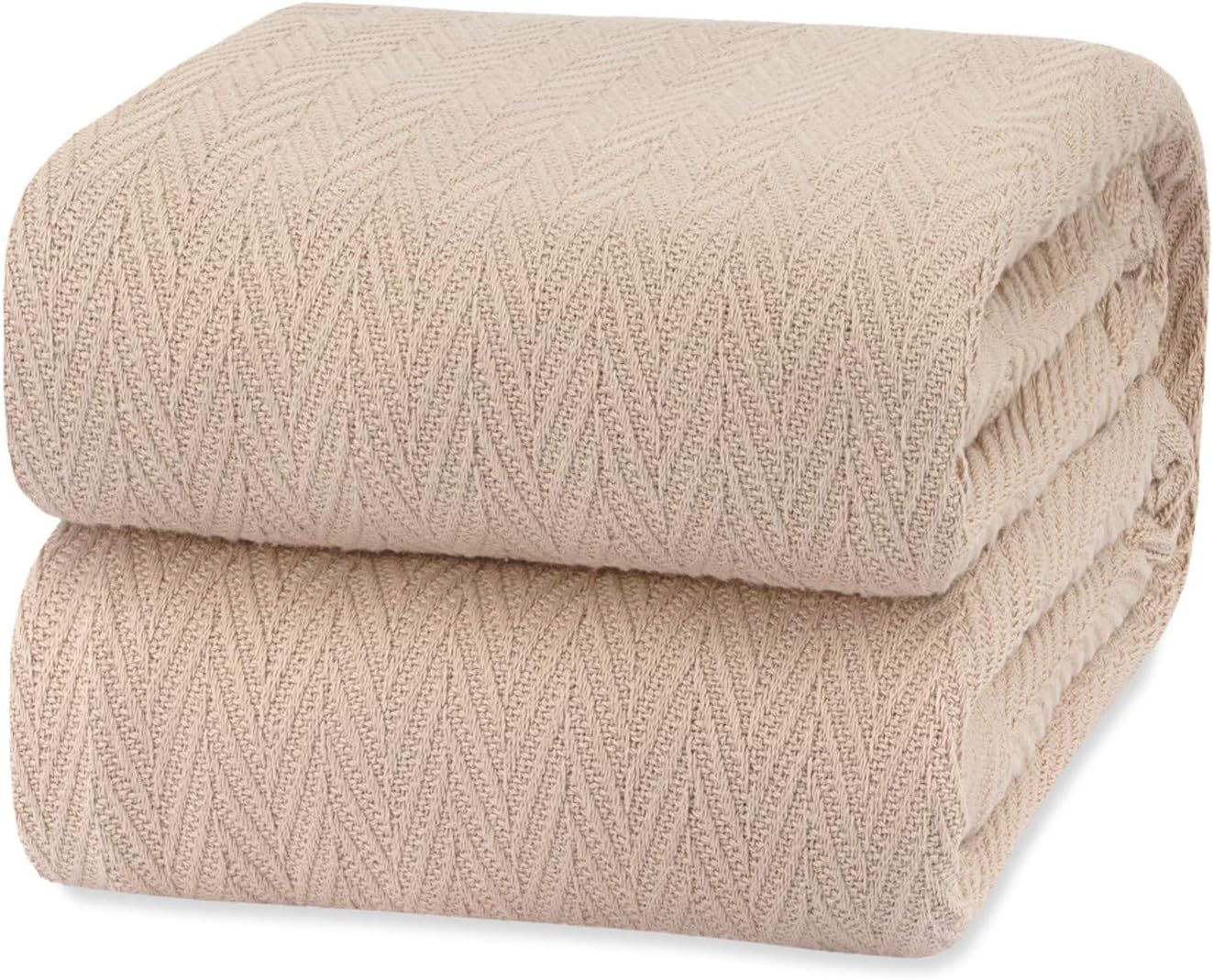 White Classic Queen Size Blanket for Bed, 100% Cotton Blankets Soft and Breathable, 410Gsm Waffle Lightweight Summer Blanket 90x90 Inches Beige