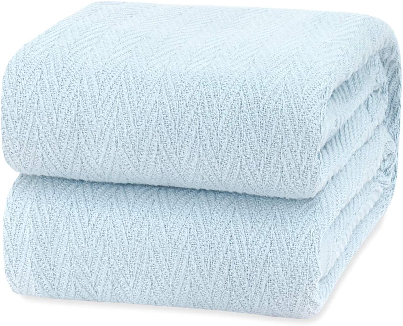 White Classic Queen Size Blanket for Bed, 100% Cotton Blankets Soft and Breathable, 410Gsm Waffle Lightweight Summer Blanket 90x90 Inches Light Blue