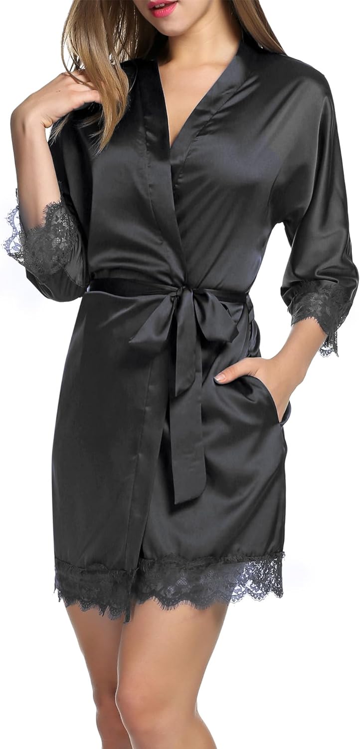 HOTOUCH Silk Robes for Women Short Lace Trim Satin Bride Robe 3/4 Sleeve Sexy Kimono Robe Sleepwear with Pockets