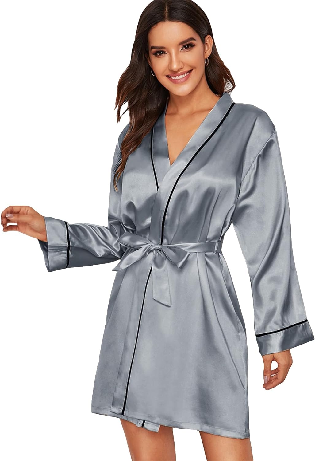 SOLY HUX Women' Silk Satin Robe Kimono Long Sleeve Bathrobe Robes V Neck Belted Bridesmaid Sleepwear