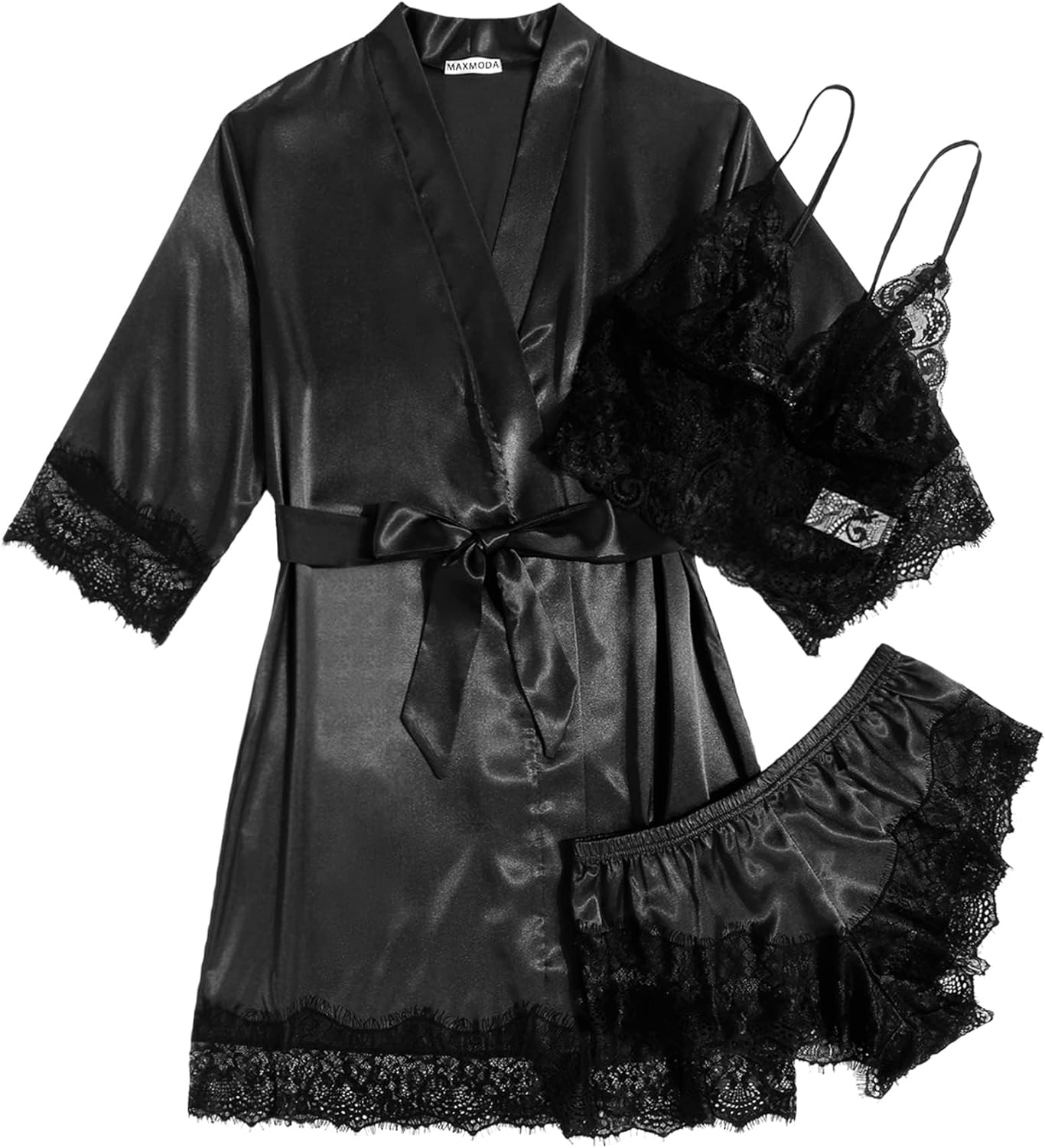 MAXMODA Sexy Robes for Women 3 Piece Lace Lingerie Set Satin Bridal Pajama Silk V-neck Sleepwear