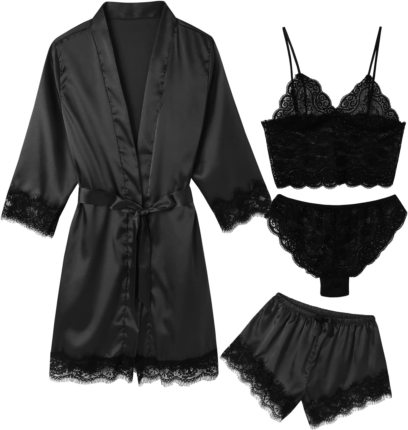 ESKTJH Women' Pajama Satin Sexy Lingerie Robe Set 4Pcs Pjs Silk Sleepwear Lace Cami Shorts Loungewear