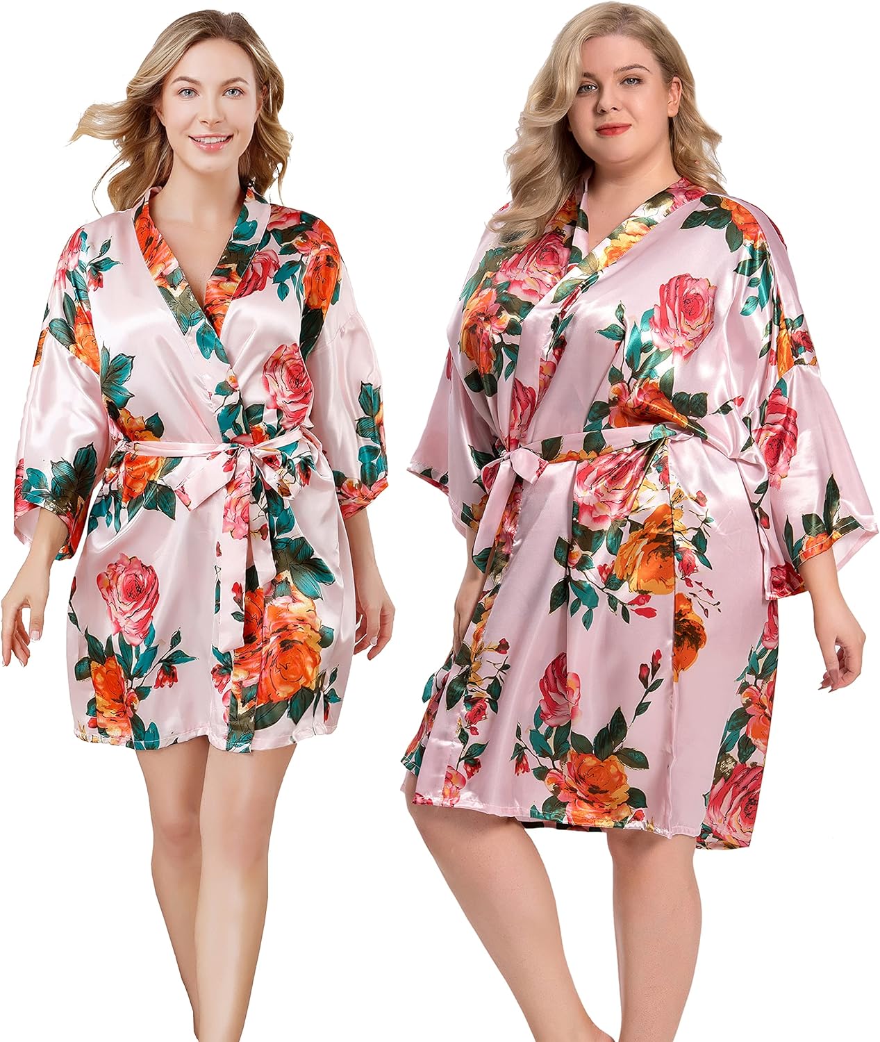 ALHAVONE Women' Rose Flowers Silky Satin Short Kimono Robe for Wedding Getting Ready