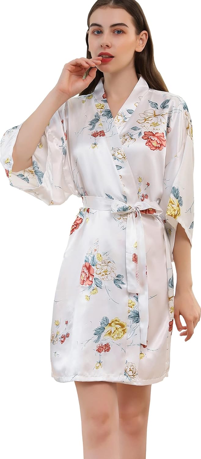 QXQTER Women Floral Satin Robe Silky Bridal Bridesmaid Robe Short Kimono Dressing Gown for Wedding Party Sleepwear