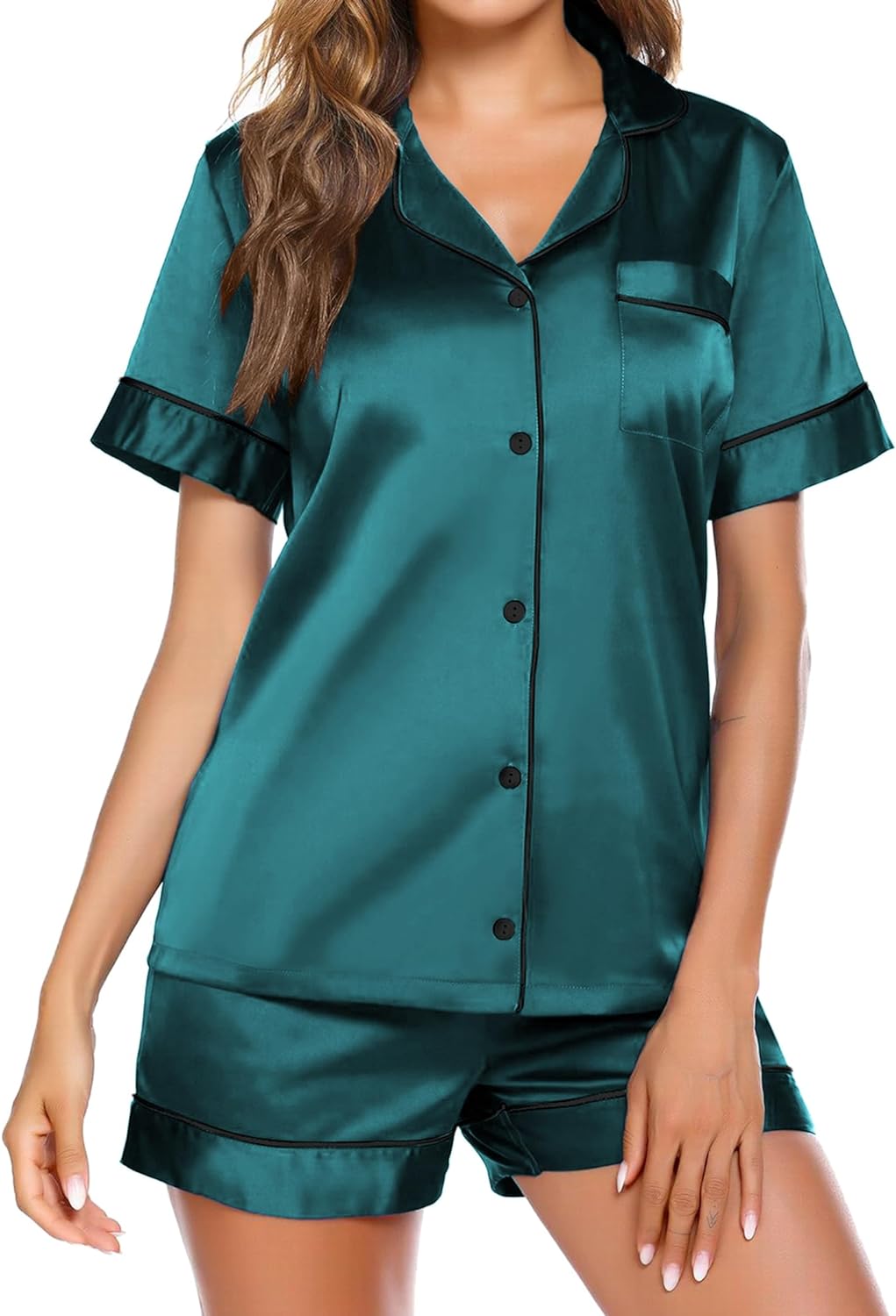 Ekouaer Satin Pajamas Women' Short Sleeve Sleepwear Soft Silk Button Down Loungewear Pjs Shorts Set S-XXL