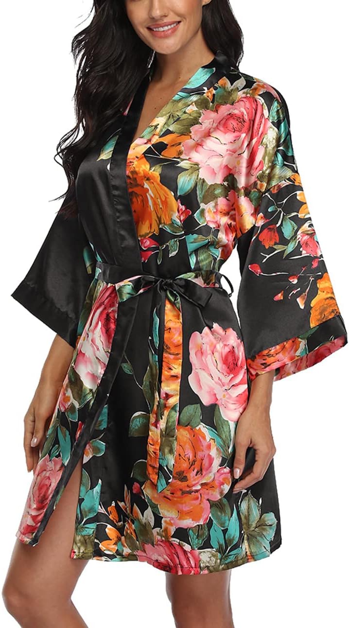 VOGMATE Floral Silk Robes for Women Short Satin Kimono Bride Bridesmaid Robes Bathrobe