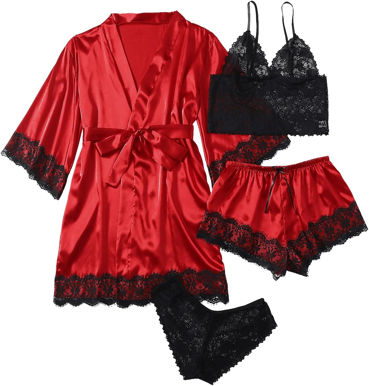 WDIRARA Women' Silk Satin Pajamas Set 4pcs Lingerie Floral Lace Cami Sleepwear with Robe