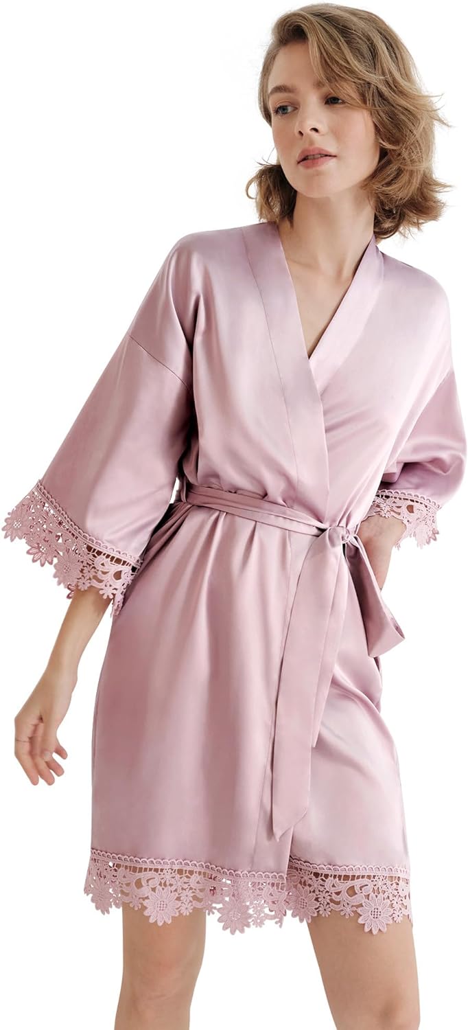 SIORO Women' Satin Robe Lace Silk Kimono Robes Short for Bridesmaid Wedding Party Nightgown Print 2 Medium