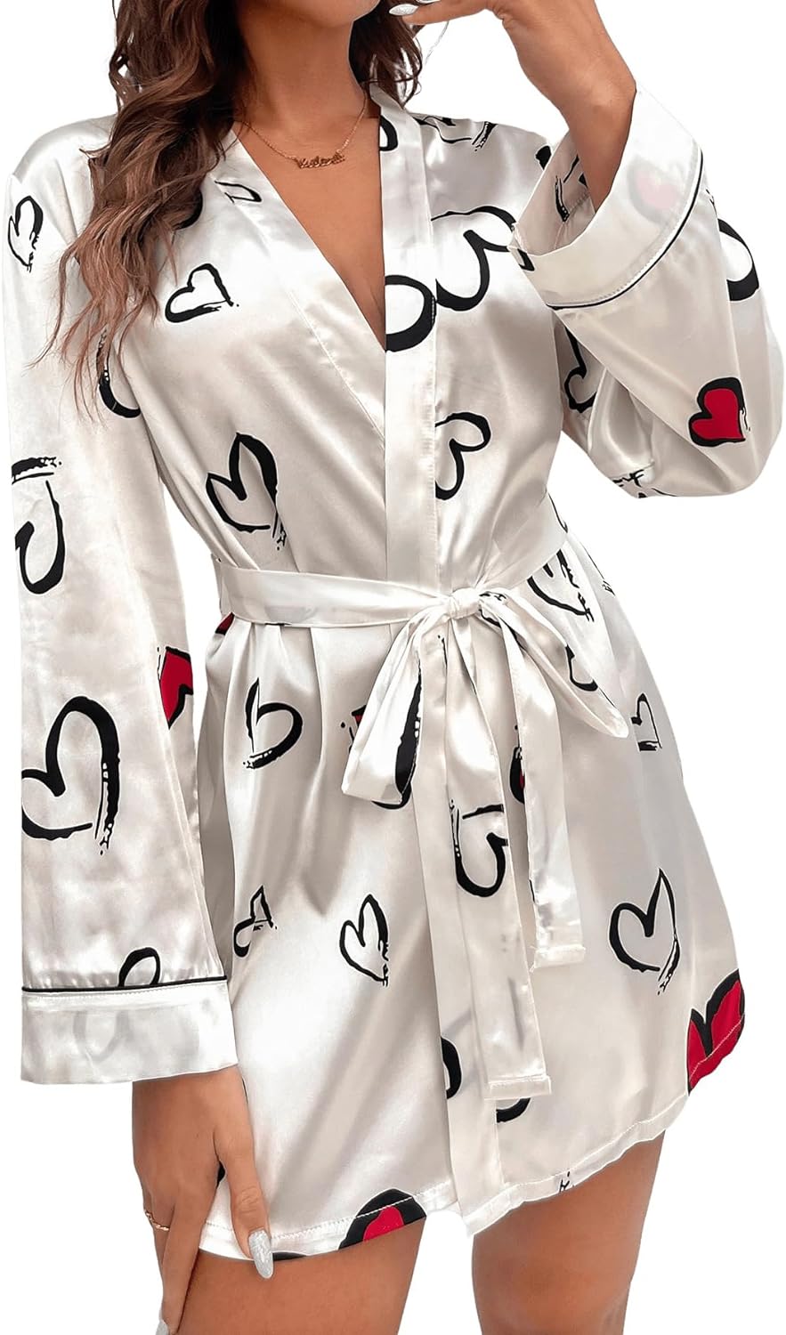 GORGLITTER Women' Silk Heart Print Bridesmaid Robes Short Wedding Satin Robe Sleepwear