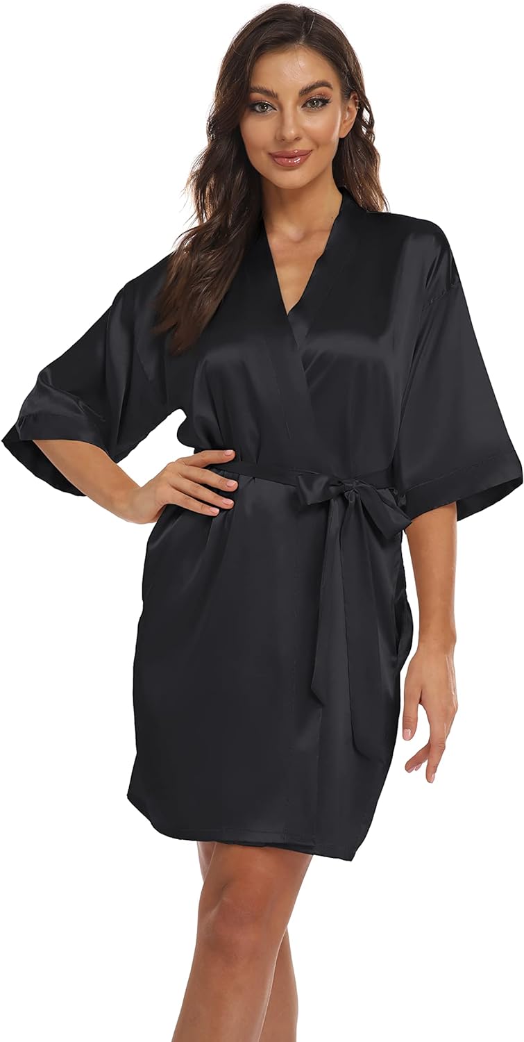 VASHOP Women' Pure Short Kimono Robes Bride Bridesmaids Silky Bathrobe Lightweight Satin Sleepwear