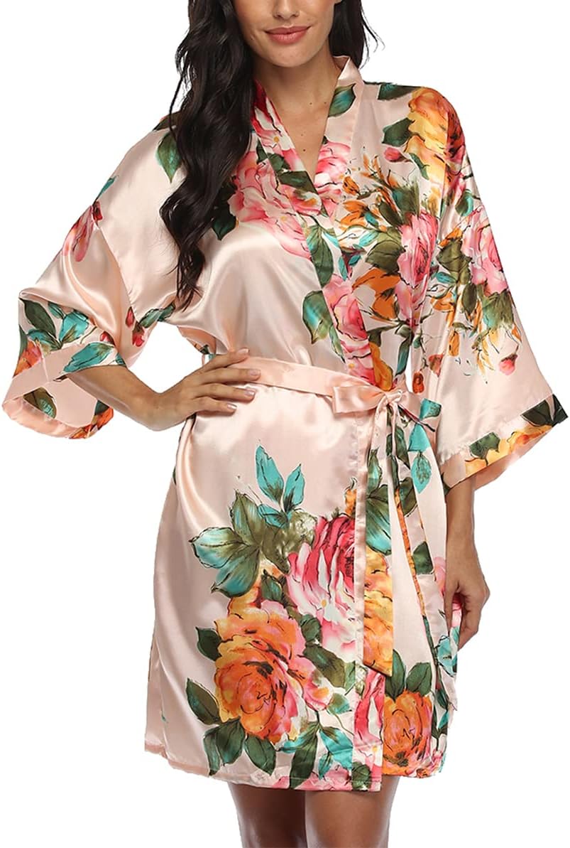 ABC-STAR Women' Floral Kimono Robe Short Satin Rose Wedding Dressing Gown Bride Bridesmaid Getting Ready