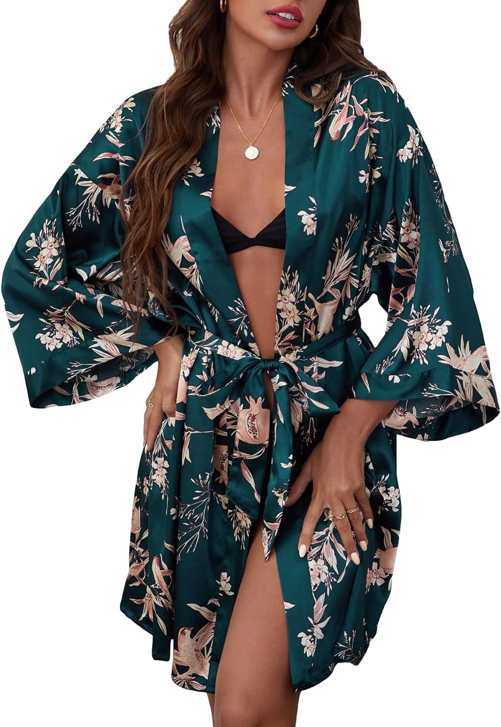 WDIRARA Women' Floral Long Sleeve Satin Robe Kimono Belted Short Bridal Bathrobe