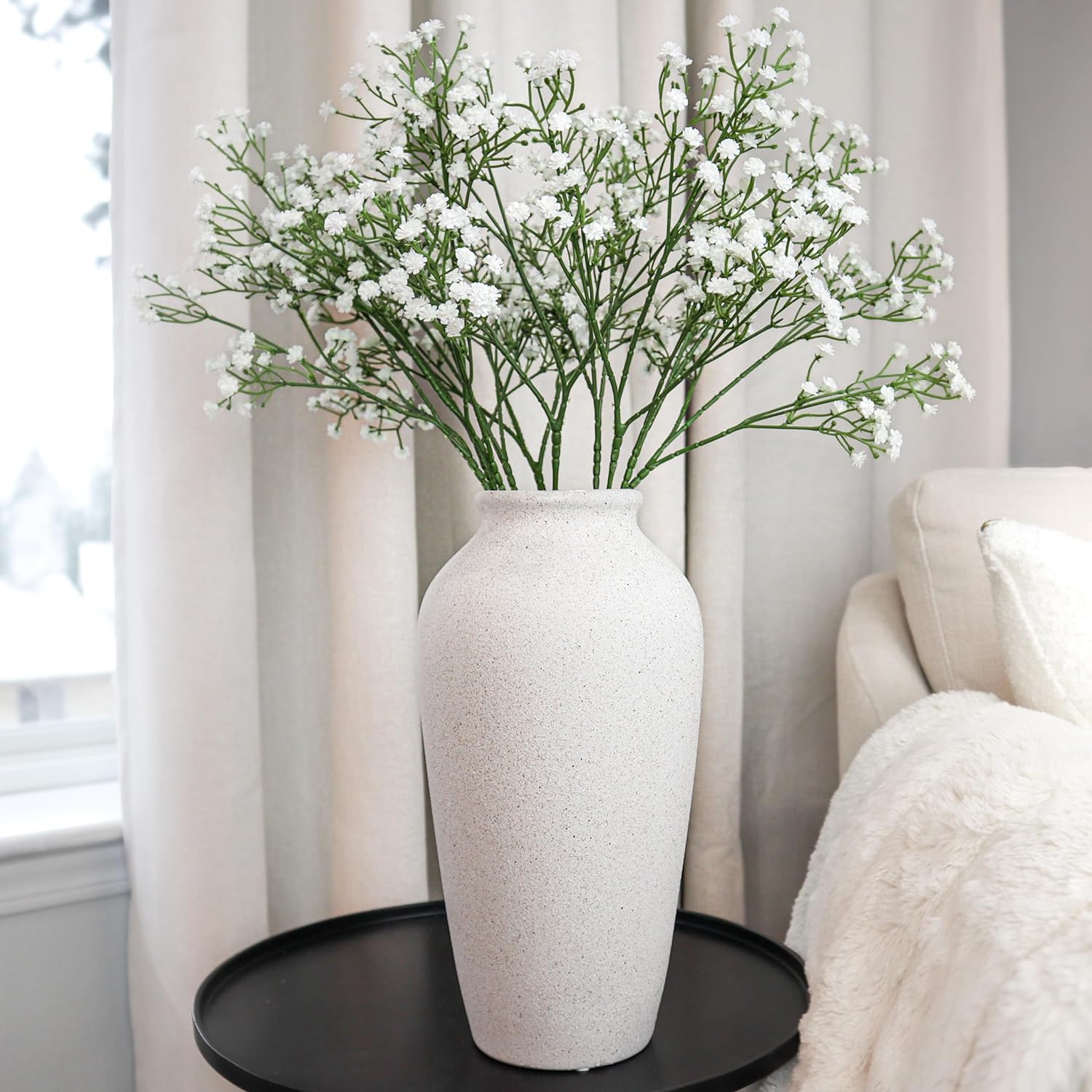 Laurel&Vine 11.5 Tall White Ceramic Vase, Speckled Textured Minimalist, with 15 Stems of 22 Faux Artificial White Babys Breath, Farmhouse Console Centerpiece Decor, Real Touch Fake Flowers in Vase