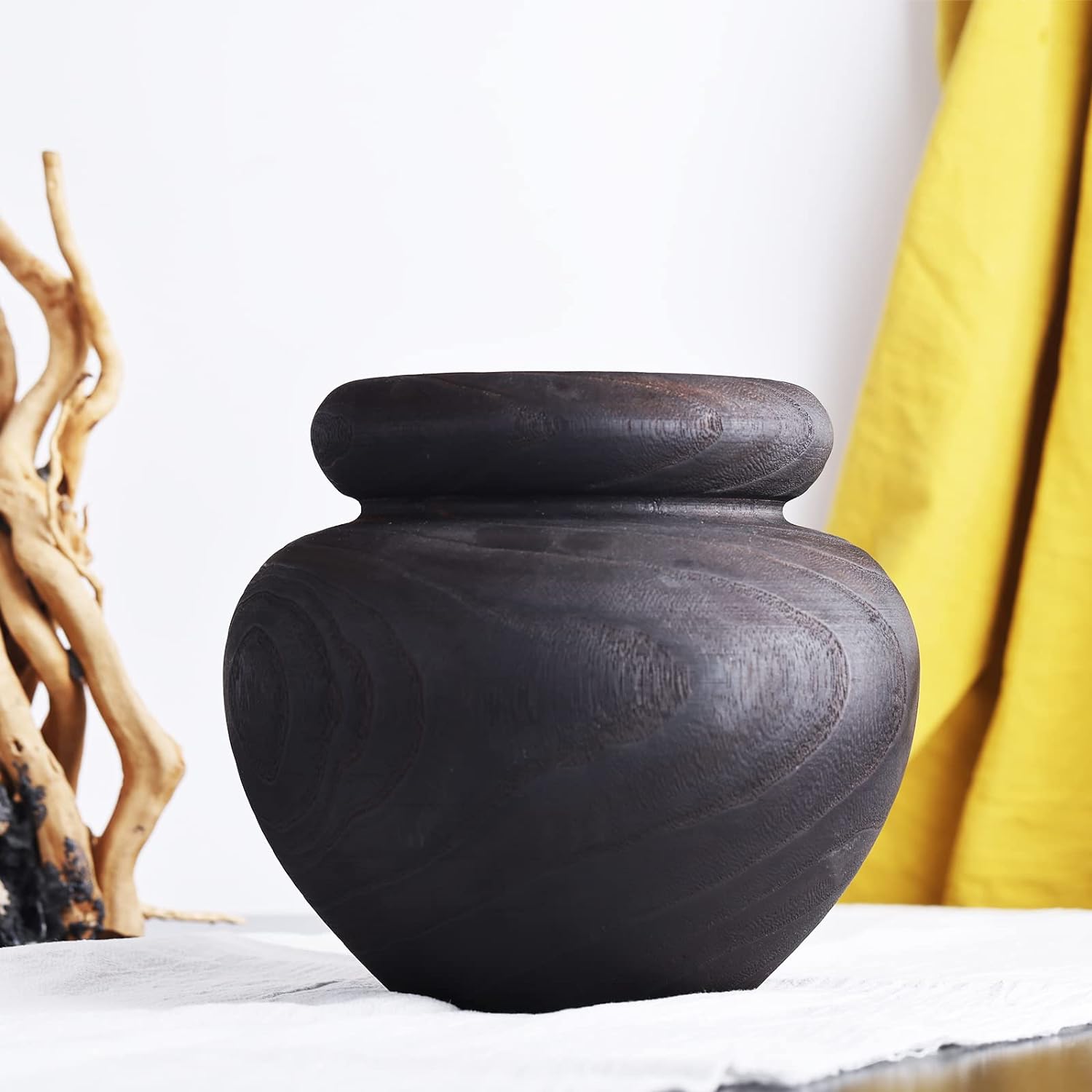 Paulownia Wooden Vase, Rustic Wooden Vase for Home Decor, Farmhouse Rustic Round Wood Vases for Decor Table Centerpiece, Vintage Black Brown Wood Vase, Shelf Dcor, Coffee Table Dcor,Wood Vase