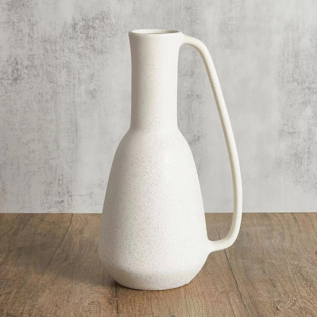 BlossoME Ceramic White Vase 12 inch Tall with Handle Matte Glazed Pottery Vessel Rustic Stoneware Table Decor Neutral Clay Jug Centerpiece Slender Shelf Book Pitcher Decor Flower Vessel