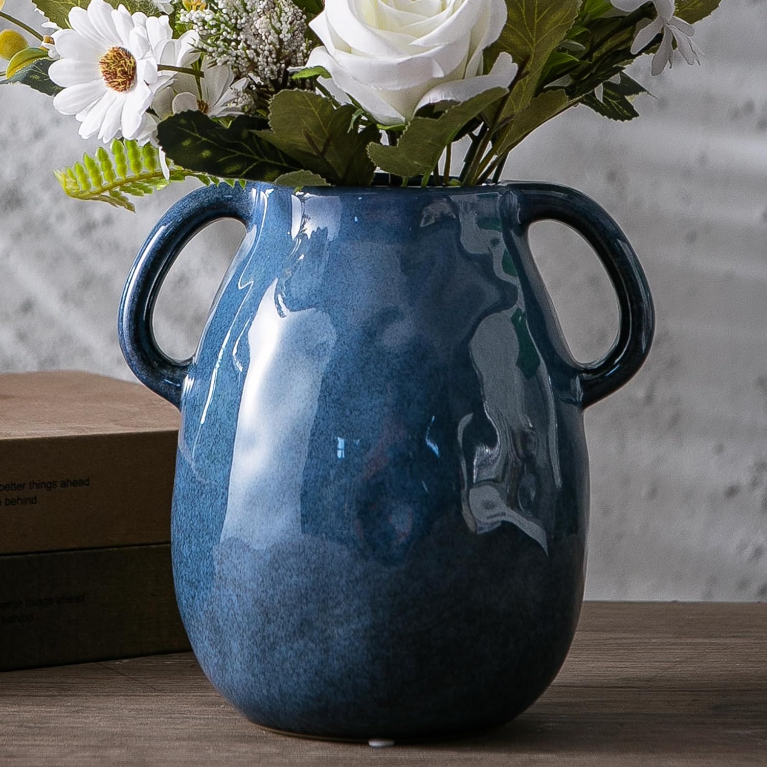 Kimdio Blue Ceramic Vase with 2 Handles, Modern Farmhouse Vase for Home Decor, Rustic Pottery Vase, Decorative Terracotta Flower Vase, Clay Small Vase, Centerpieces for Dining Table