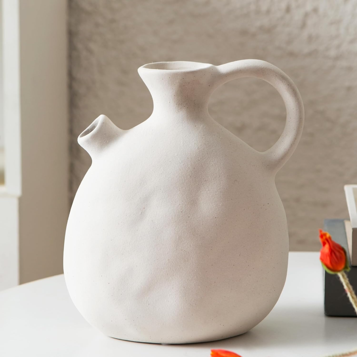 Kimdio Ceramic Vase with Handle, Modern Farmhouse Pitcher Vase for Home Decor, Rustic Pottery Vase, Decorative Flower Vase, Clay Vase, Jug, Centerpieces for Living Room