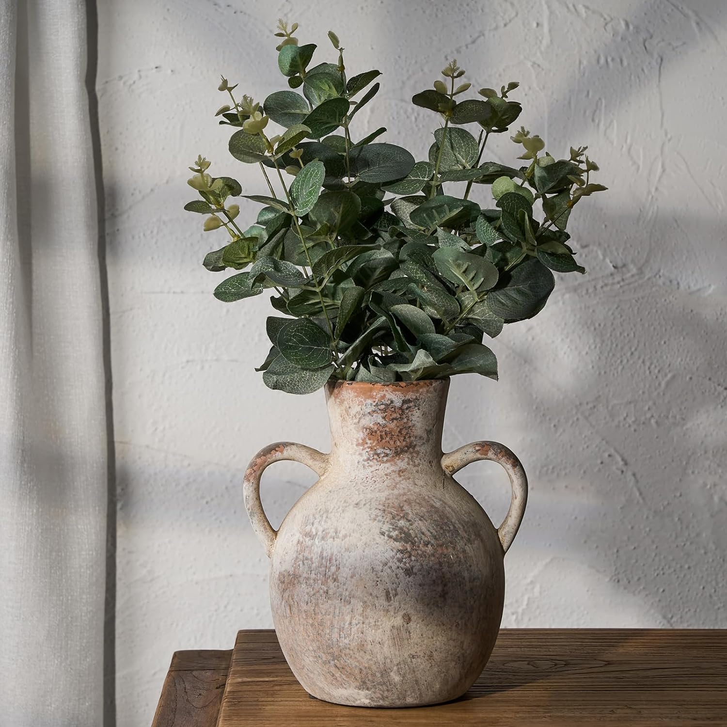 SIDUCAL Rustic Ceramic Farmhouse Flower Vase with 2 Handles, Whitewashed Terra Cotta Vase, Decorative Pottery Flower Vase for Home Decor, Table, Living Room, Shelf Decor, 7.3 Inch, Terra