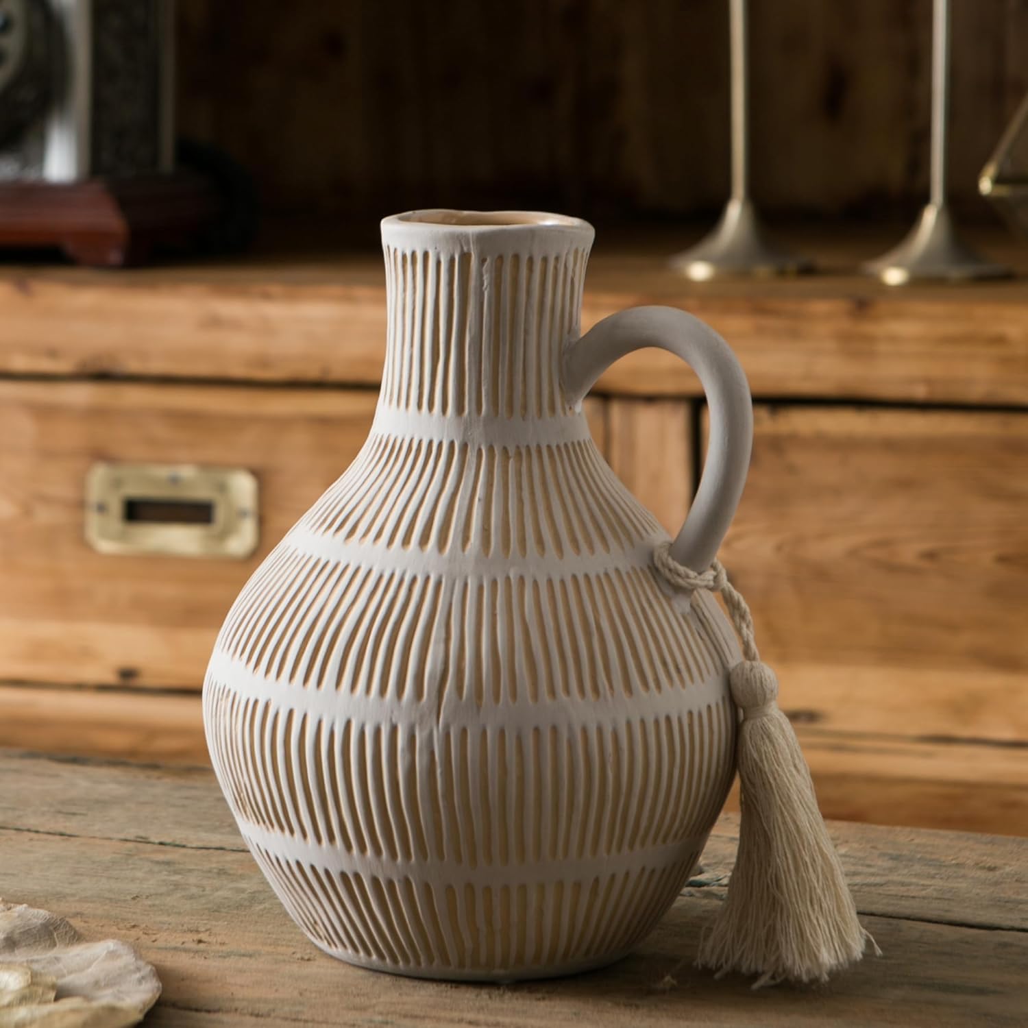 Mowtanco Rustic Ceramic Vase for Home Decor, Farmhouse Decorative Vases for Pampas Grass, Terracotta Vase with Tassel Design, Handle Flower Vase, Clay Vase for Living Room Decoration, 8 inch Tall