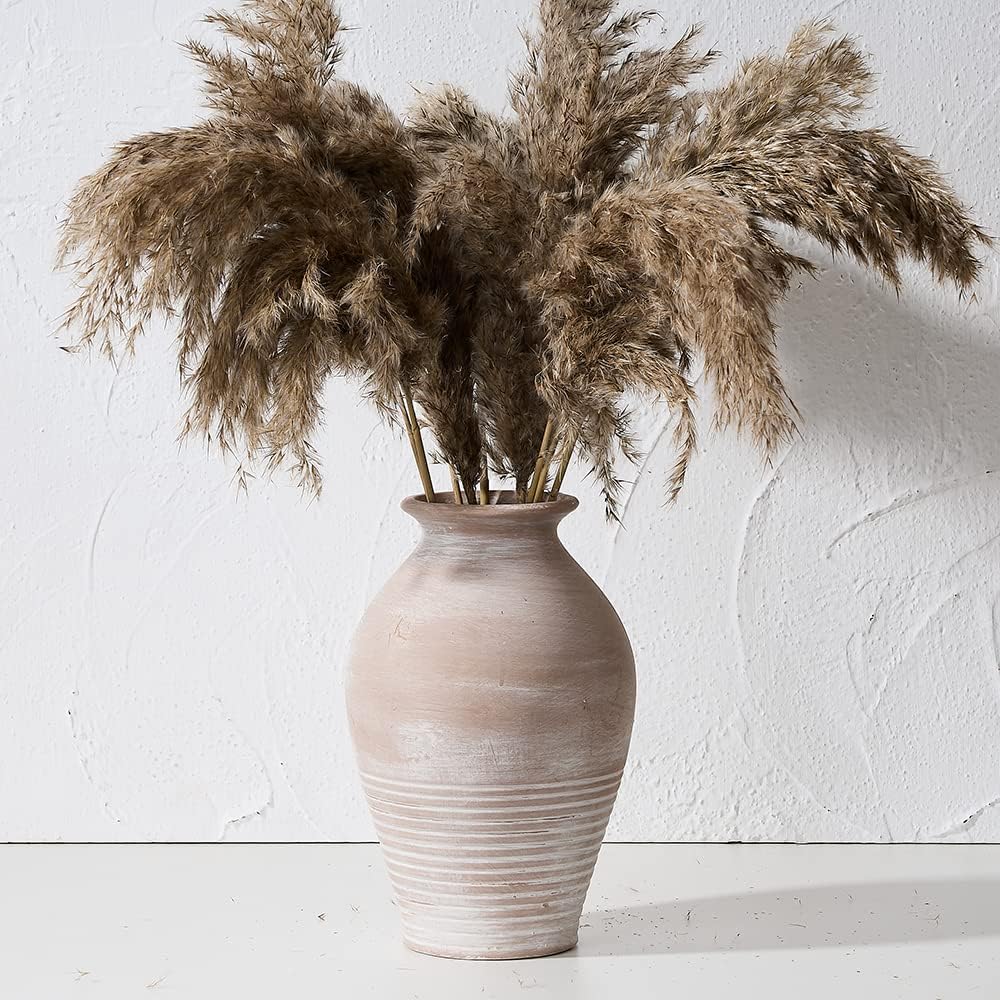 LUKA Ceramic Rustic Farmhouse Vase, 9.2 inch Whitewashed Terracotta Vase, Pottery Decorative Flower Vase,Clay Decorative Vases for Home Decor, Table, Living Room, Shelf, Mantel Decoration