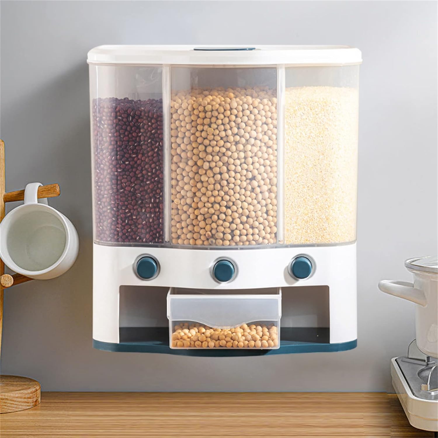 PIOJNYEN Rice Dispenser, Rice Container Storage 13Lbs Wall Mounted Dry Food Dispenser 3 Grid Rice Dispenser Countertop Grain Dispenser Rice Continer Storage Coffee Bean Dispenser