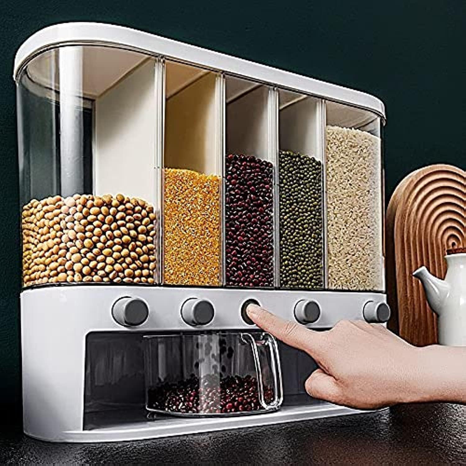 Xilei Dry Food Dispenser,Wall mounted 5 Grid Cereal Dispenser,Rice dispenser 25 pounds Kitchen Storage with Measuring Cup