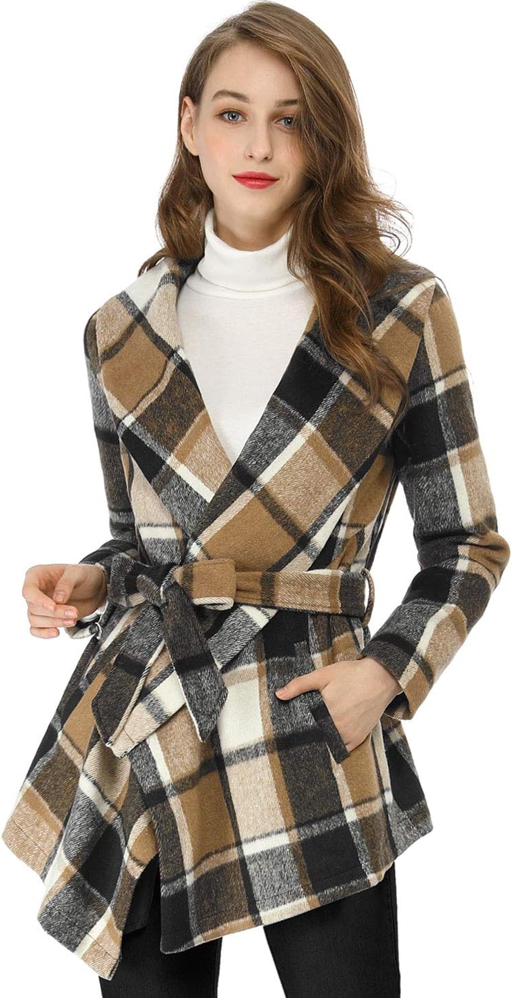 Allegra K Women' Turn Down Collar Asymmetric Hem Thin Plaids Wrap Coat