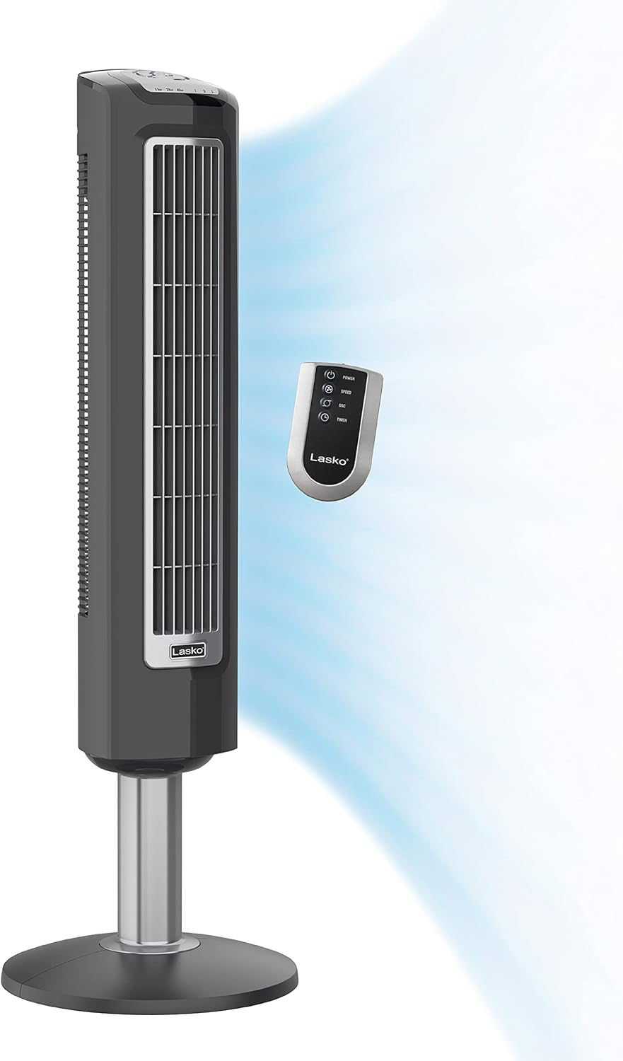 Lasko Wind Tower Oscillating Tower Fan, Remote Control, Timer, 3 Quiet Speeds, for Bedroom, Living Room and Office, 38 Gray, 2519