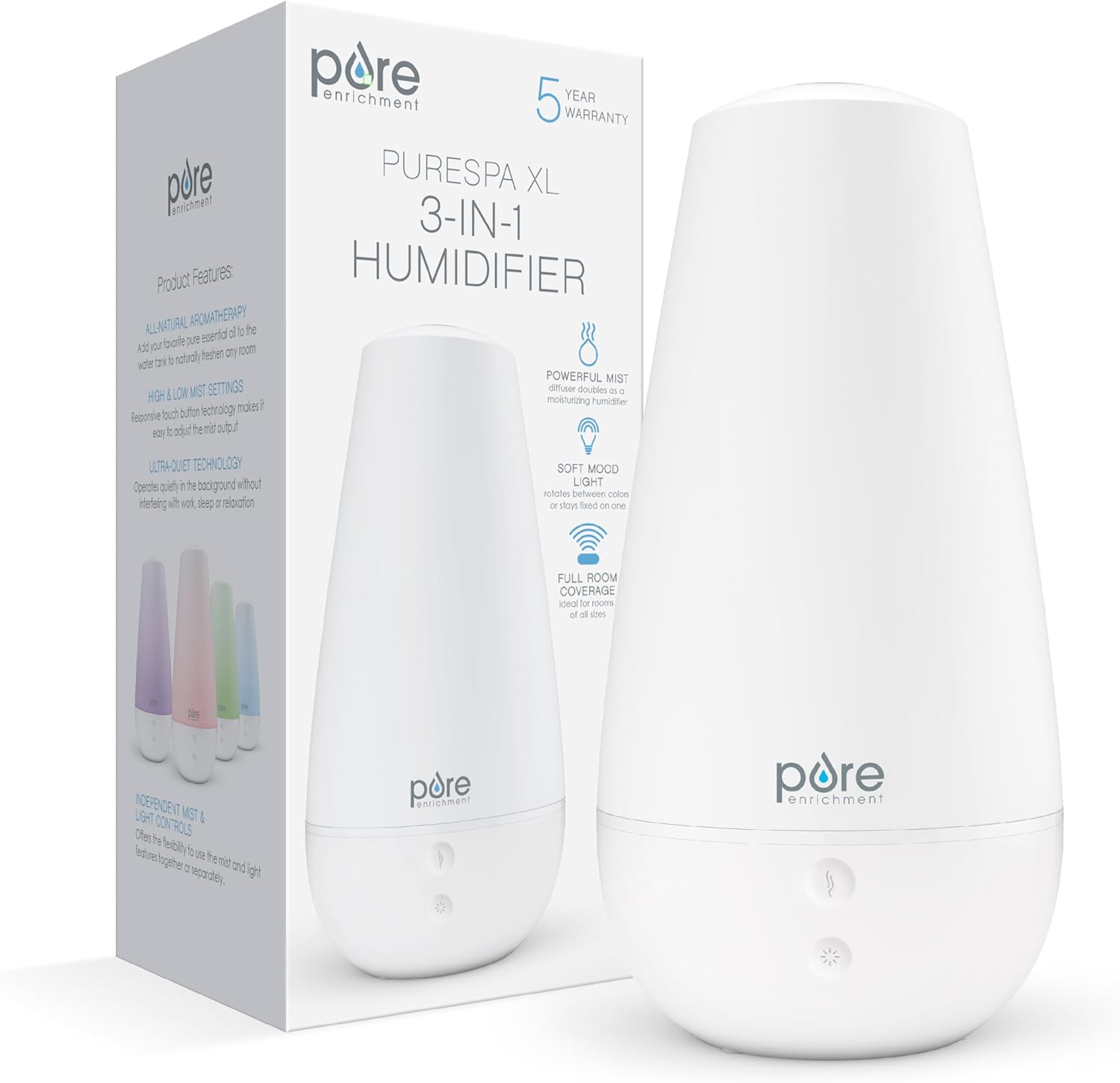 Pure Enrichment PureSpa XL 3-in-1 Cool Mist Humidifier, Essential Oil Diffuser & Mood Light - 2L Tank Provides Powerful Mist Coverage up to 350 sq ft in Bedroom, Office & Large Rooms