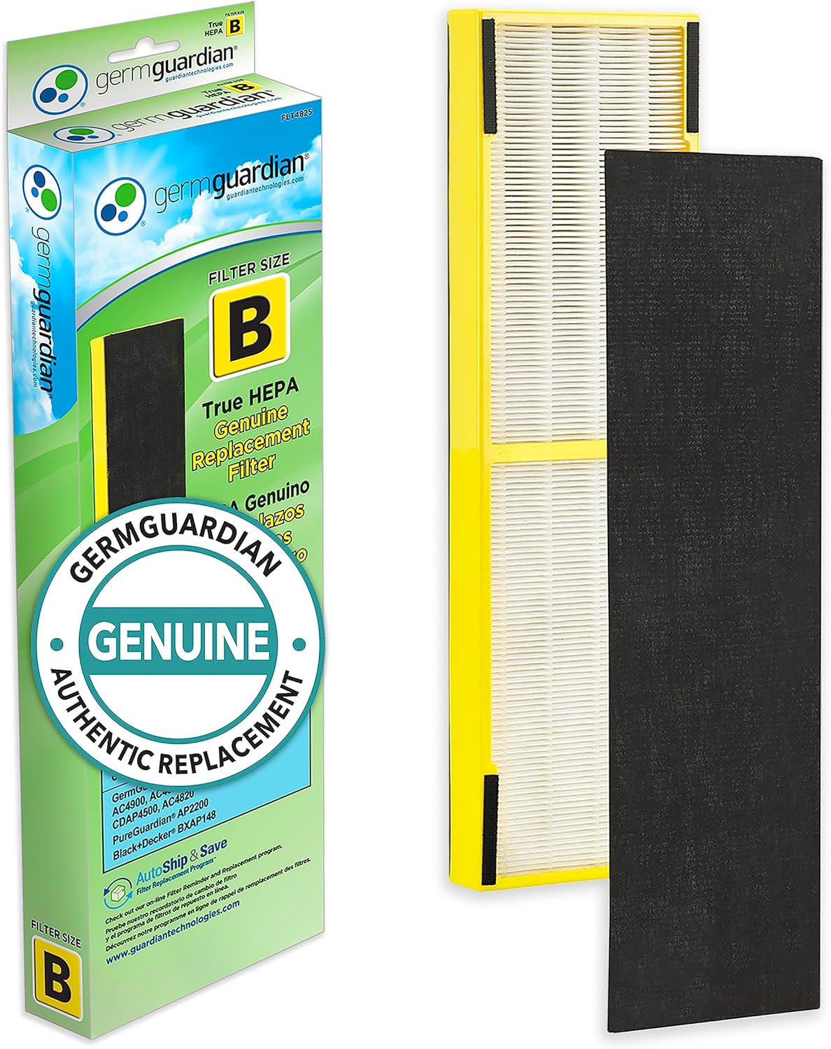 GermGuardian Filter B HEPA Pure Genuine Air Purifier Replacement Filter, Removes 99.97% of Pollutants for AC4825, AC4300, AC4900, AC4825DLX, AC4850, CDAP4500, AP2200, Black/Yellow, FLT4825