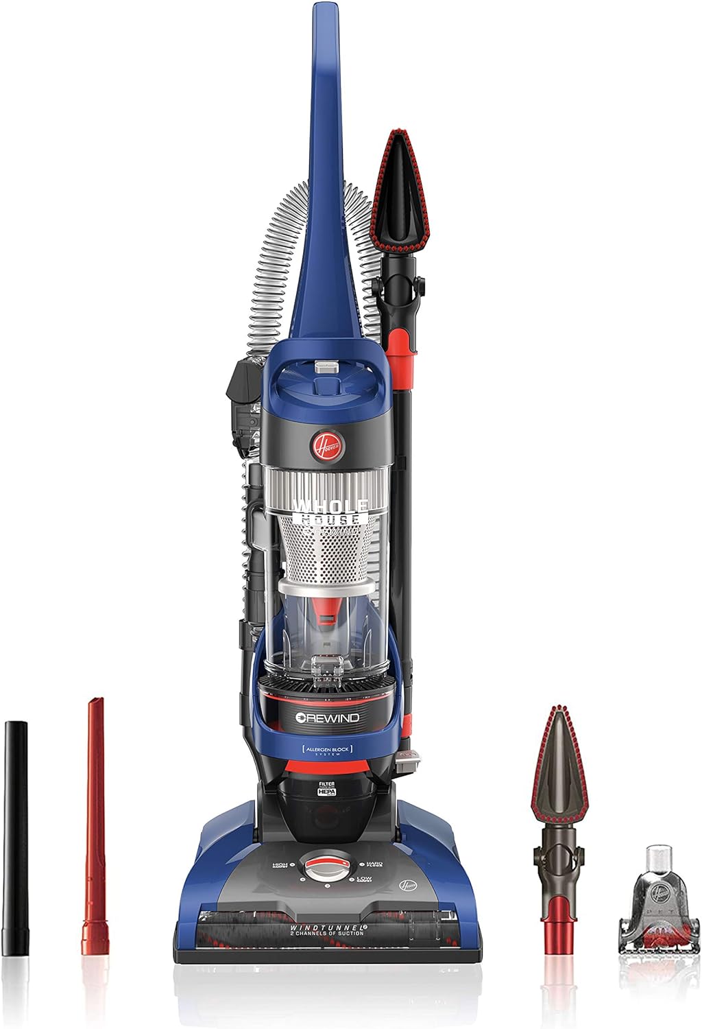 Hoover WindTunnel 2 Whole House Rewind Corded Bagless Upright Vacuum Cleaner with Hepa Media Filtration,UH71250, Blue, 16.1 lbs