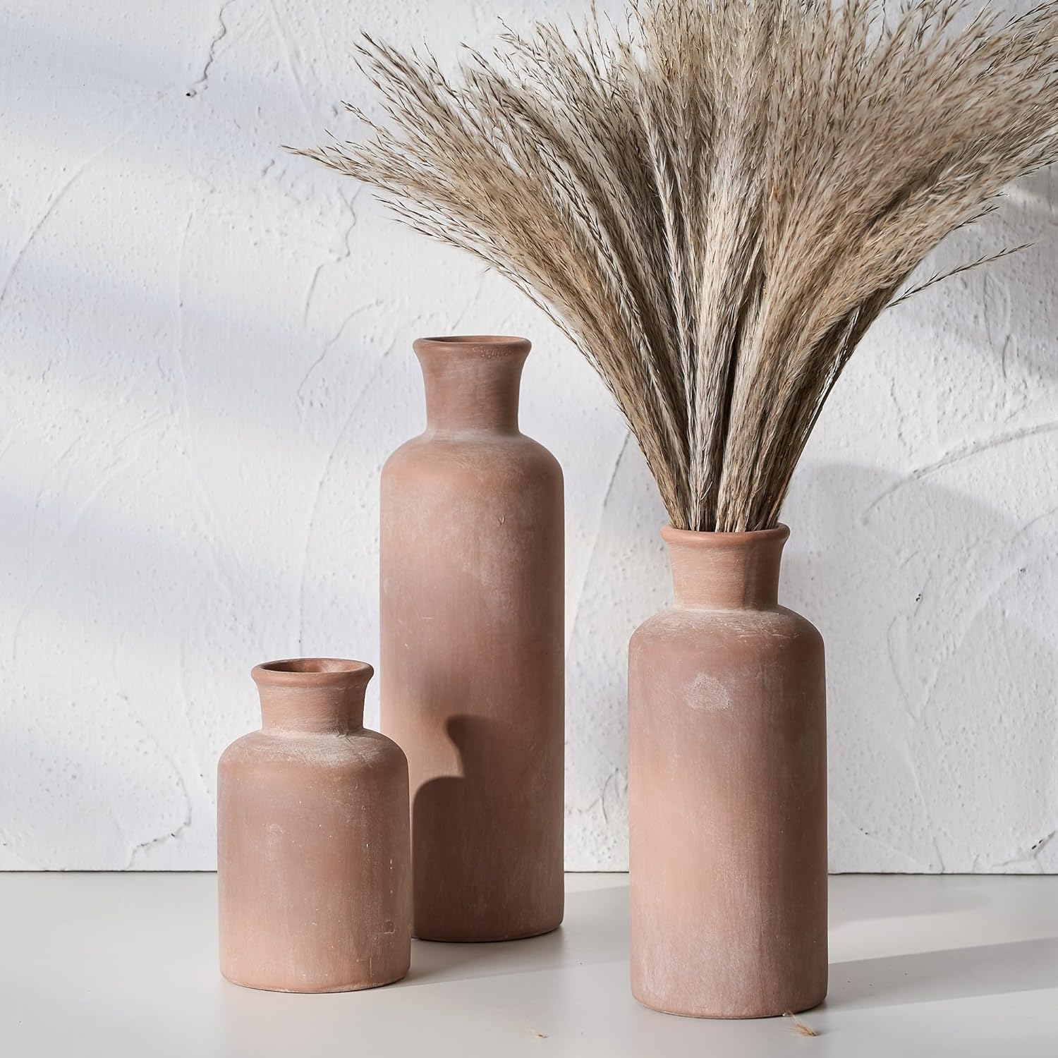 SIDUCAL Ceramic Rustic Farmhouse Vase Set of 3, Whitewashed Terracotta Vase, Pottery Vase,Clay Decorative Vases for Home Decor, Living Room, Shelf, Mantel Decoration(Brick-red)