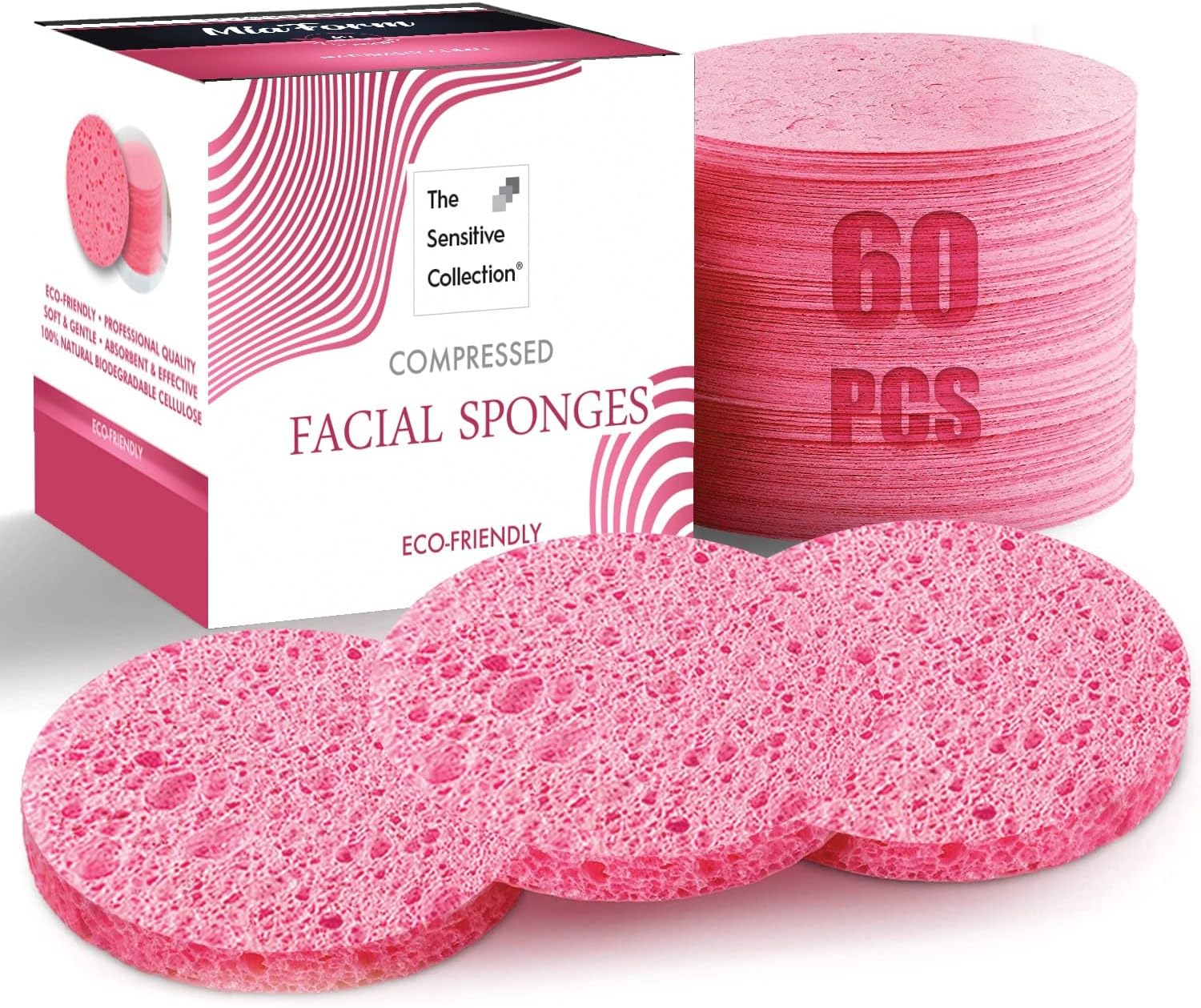 60-Count Compressed Facial Sponges, 100% Natural Cosmetic Spa Sponges for Facial Cleansing, Exfoliating Mask(Pink)